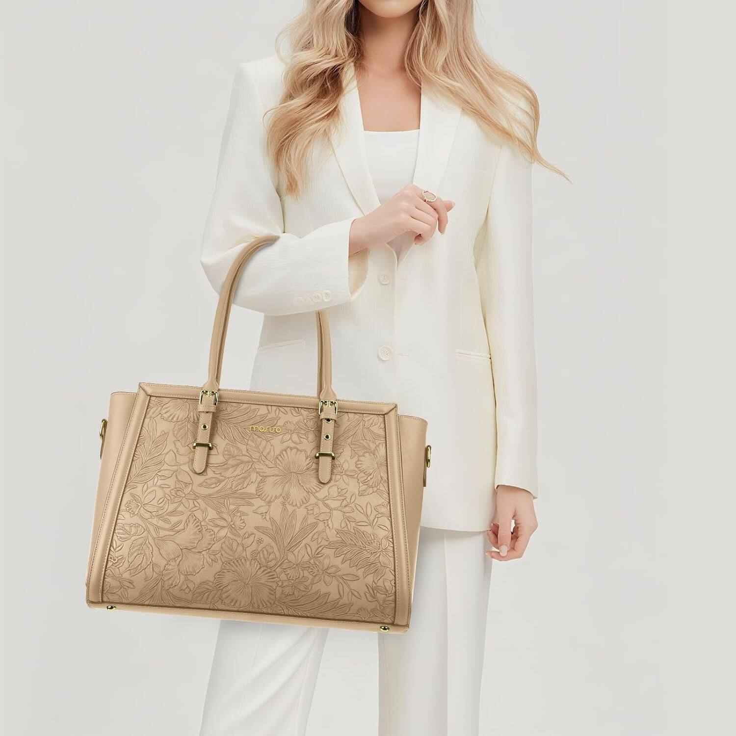 Angle. mosiso - Laptop Bag for Women 15-15.6 inch PU Leather Tote Bag Work Briefcase Computer Bags - Apricot.