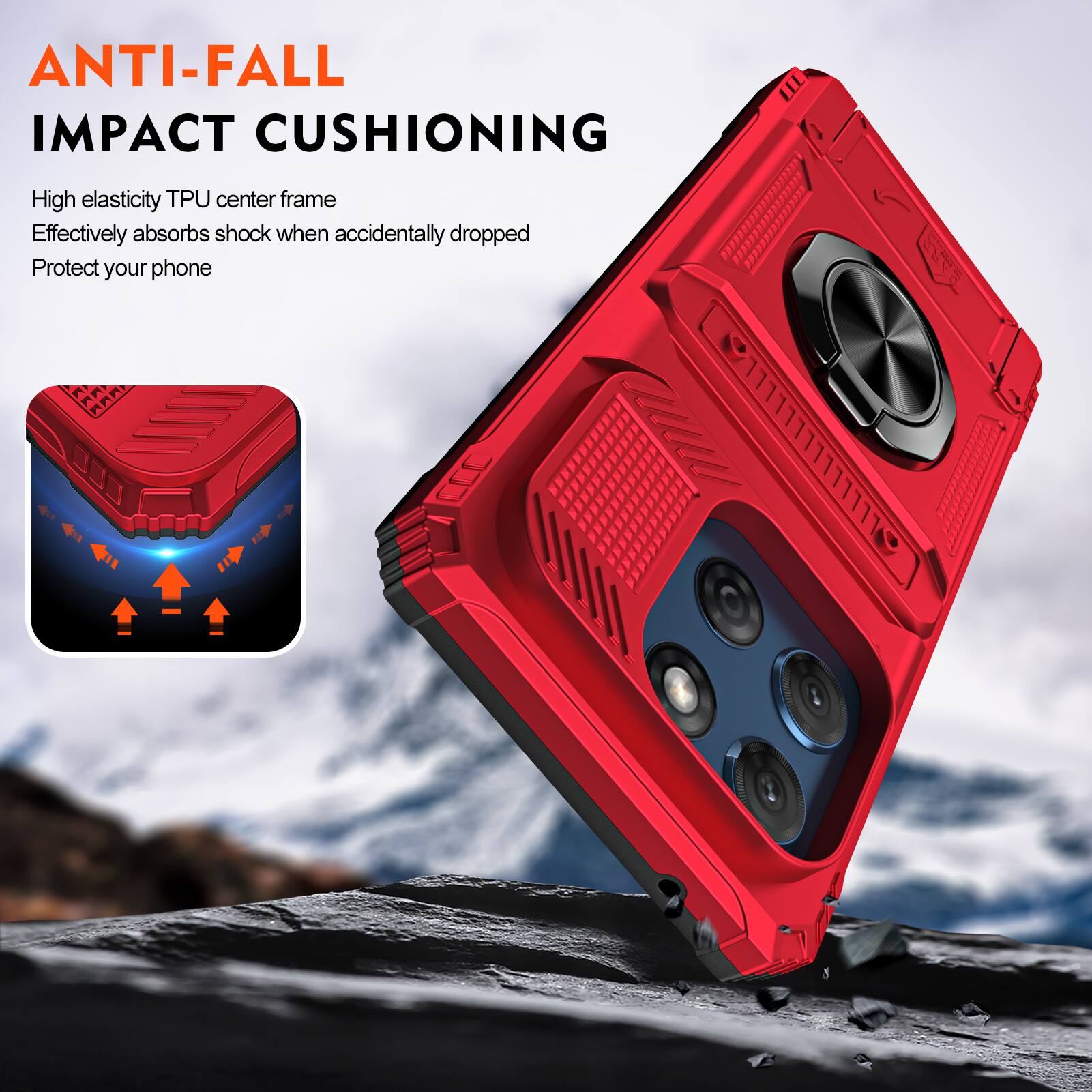 ANTI-FALL IMPACT CUSHIONING

High elasticity TPU center frame
Effectively absorbs shock when accidentally dropped
Protect your phone