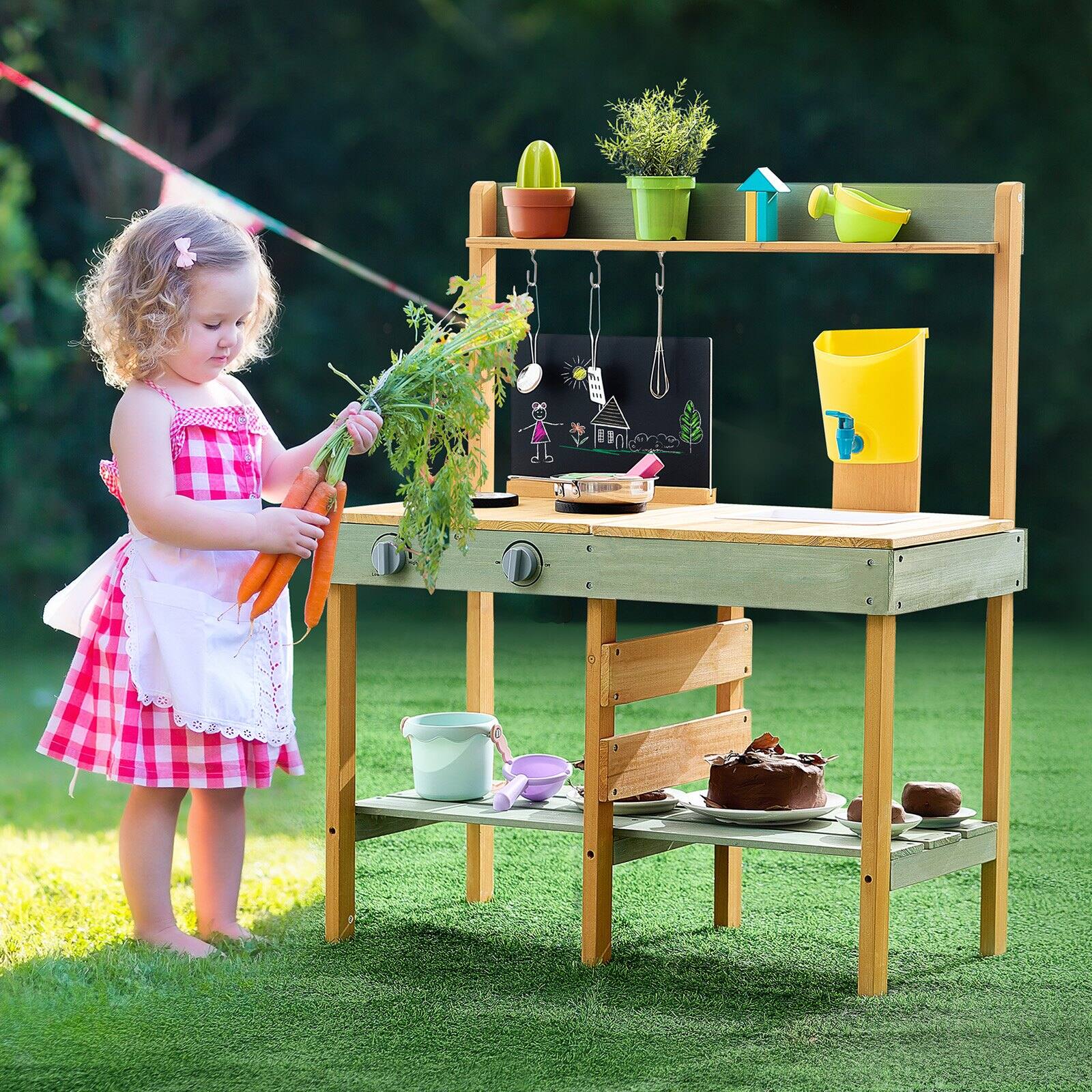 Alt View 1. Glintex - Outdoor Wooden Mud Kitchen for Kids, Pretend Kitchen Playset with Planter Box, Stove, Faucet, Blackboard & Cookware.