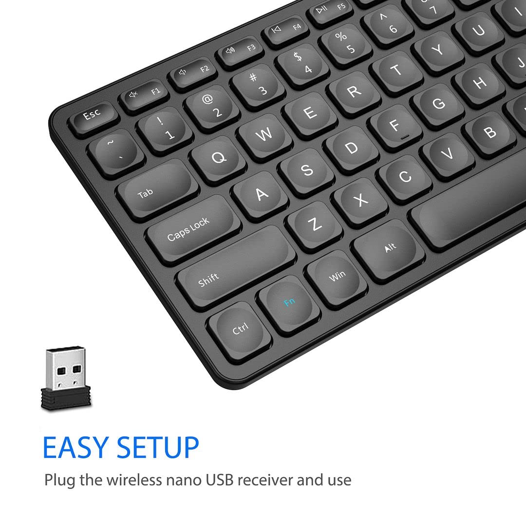 Sure, here is the corrected and grouped text:

---

**EASY SETUP**

Plug the wireless nano USB receiver and use

---

**Keyboard Layout:**

- Esc
- F1 ! 1 ~
- F2 @ 2 #
- F3 # 3 $
- F4 $ 4 %
- F5 % 5 ^
- F6 ^ 6 &
- F7 & 7 *
- F8 * 8 (
- F9 ( 9 )
- F10 ) 0 -
- F11 - 0 =
- F12 = + Backspace

- Tab
- Q 1 W 2 E 3 R 4 T 5 Y 6 U 7 I 8 O 9 P 0 [ { ] } \
- Caps Lock
- A 1 S 2 D 3 F 4 G 5 H 6 J 7 K 8 L 9 ; : ' " Enter

- Shift
- Z 1 X 2 C 3 V 4 B 5 N 6 M 7 , < . > ? / \
- Fn
- Ctrl
- Win
- Alt

---

This text is grouped and corrected based on the image provided