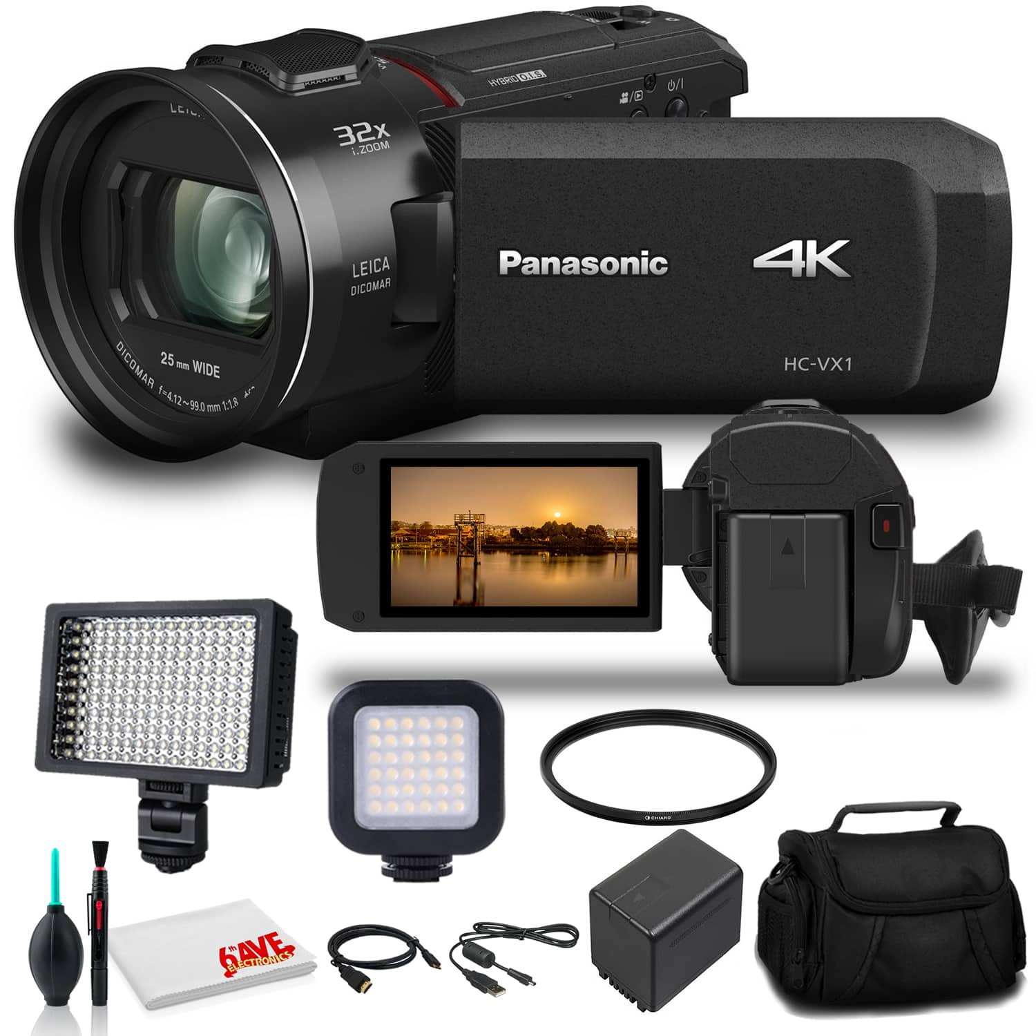 Panasonic - HC-VX1 4K HD Camcorder (HC-VX1K) - Bundle - With LED Video Light + Soft Bag + Cleaning Set + 62mm UV Filter