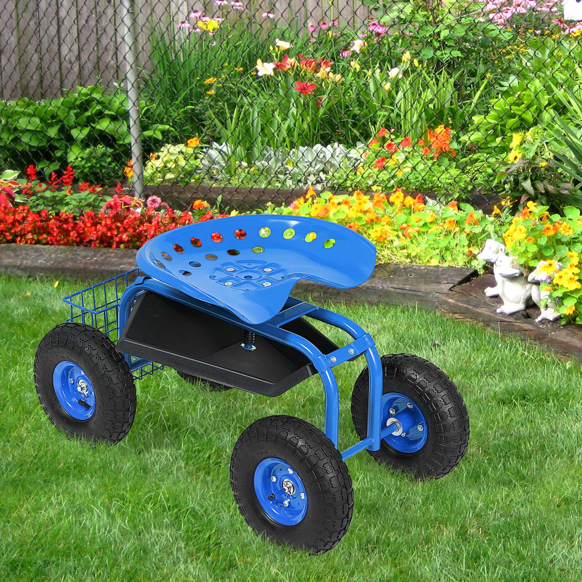 Alt View 1. Costway - Costway Heavy Duty Garden Cart Rolling Work Seat Garden Planting with Tool Tray - Blue.