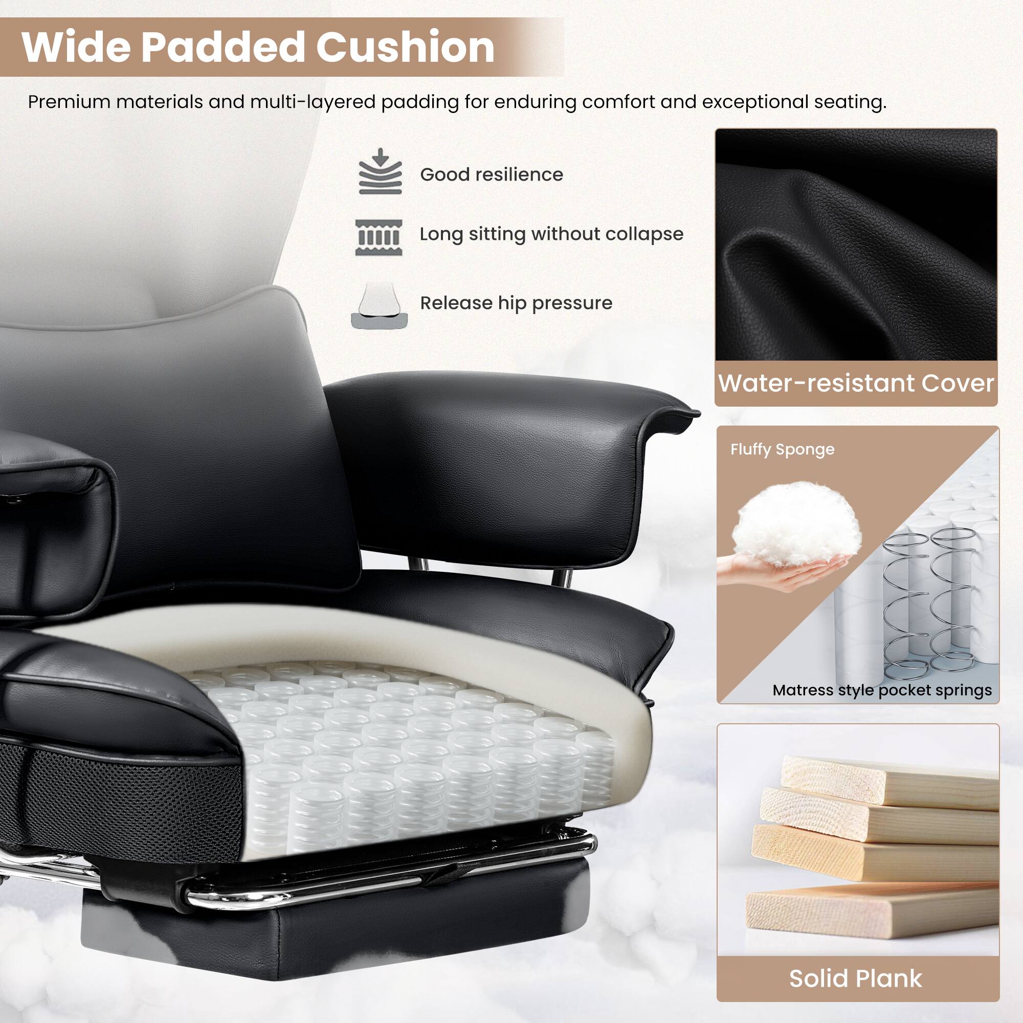 Wide Padded Cushion: Premium materials and multi-layered padding for enduring comfort and exceptional seating. Good resilience, long sitting without collapse, release hip pressure, water-resistant cover, fluffy sponge, matress style pocket springs, solid plank.