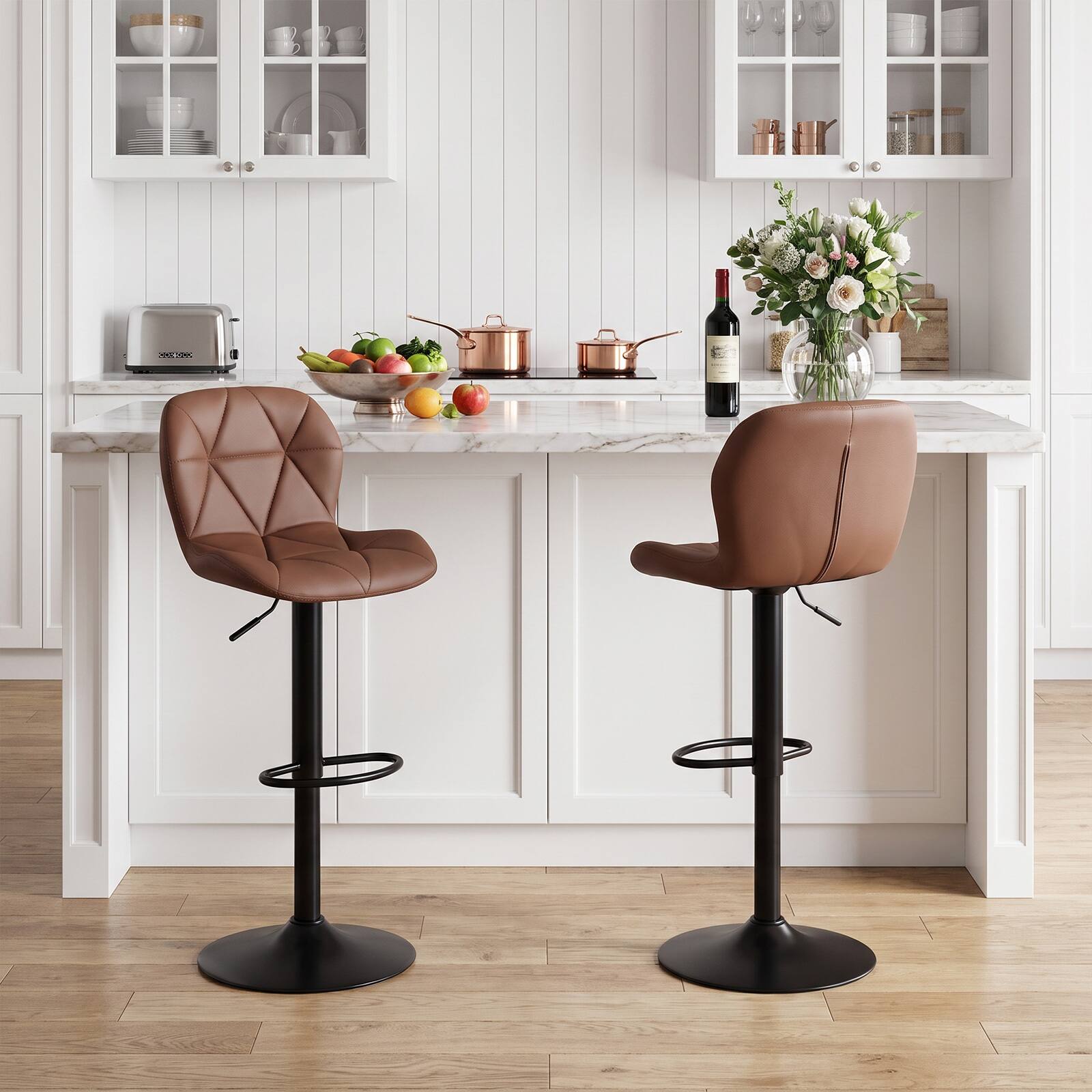 Alt View 3. Costway - Costway 2 PCS Upholstered Swivel Bar Stools with Adjustable Height Curved Backs Footrests - Brown.