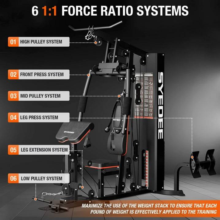 6 1:1 FORCE RATIO SYSTEMS
01 HIGH PULLEY SYSTEM
02 FRONT PRESS SYSTEM
03 MID PULLEY SYSTEM
04 LEG PRESS SYSTEM
05 LEG EXTENSION SYSTEM
06 LOW PULLEY SYSTEM
MAXIMIZE THE USE OF THE WEIGHT STACK TO ENSURE THAT EACH POUND OF WEIGHT IS EFFECTIVELY APPLIED TO THE TRAINING