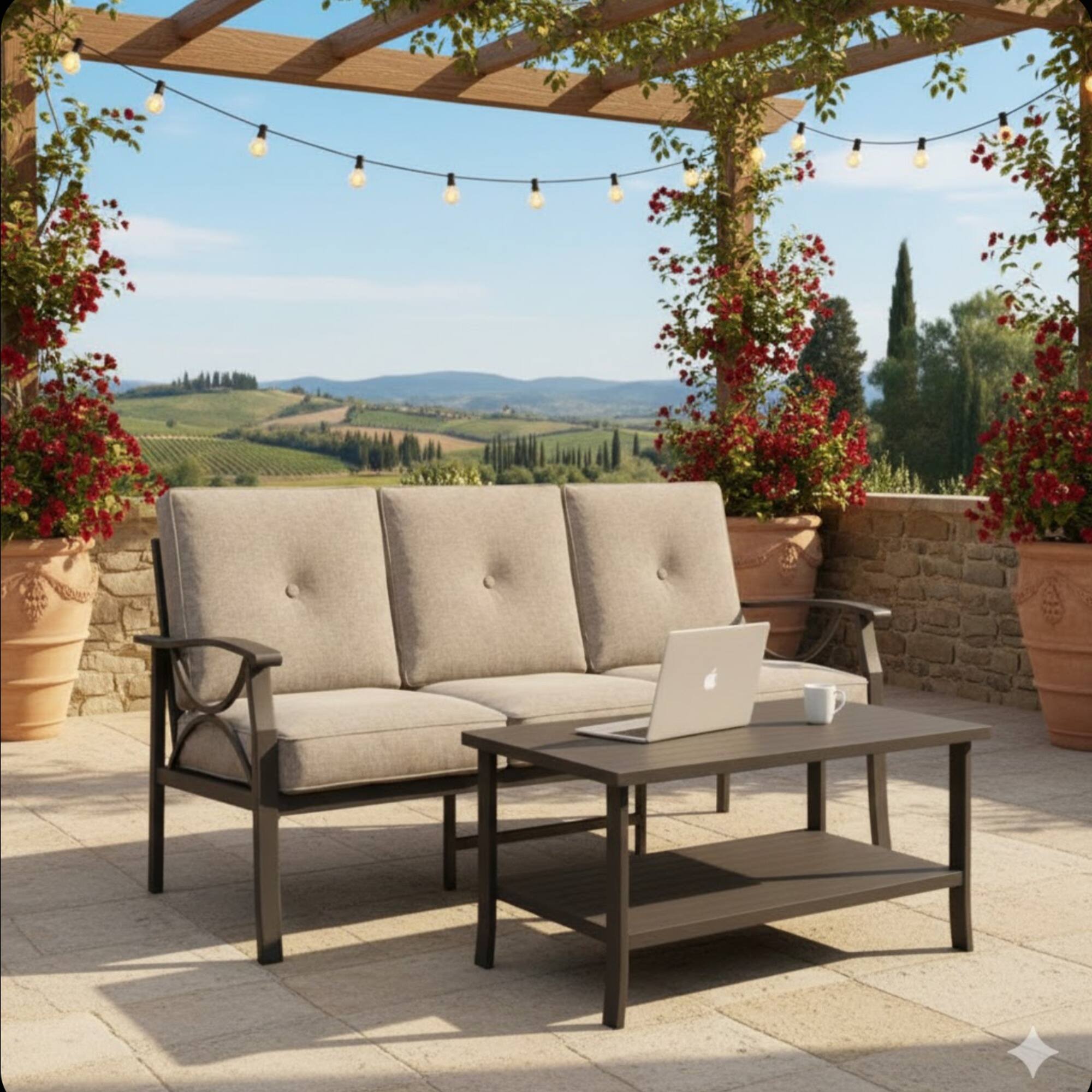 Angle. Mondawe - 2 Piece Outdoor Sofa Set with Rectangular coffee Table and Cushions - Light Khaki+Beige.
