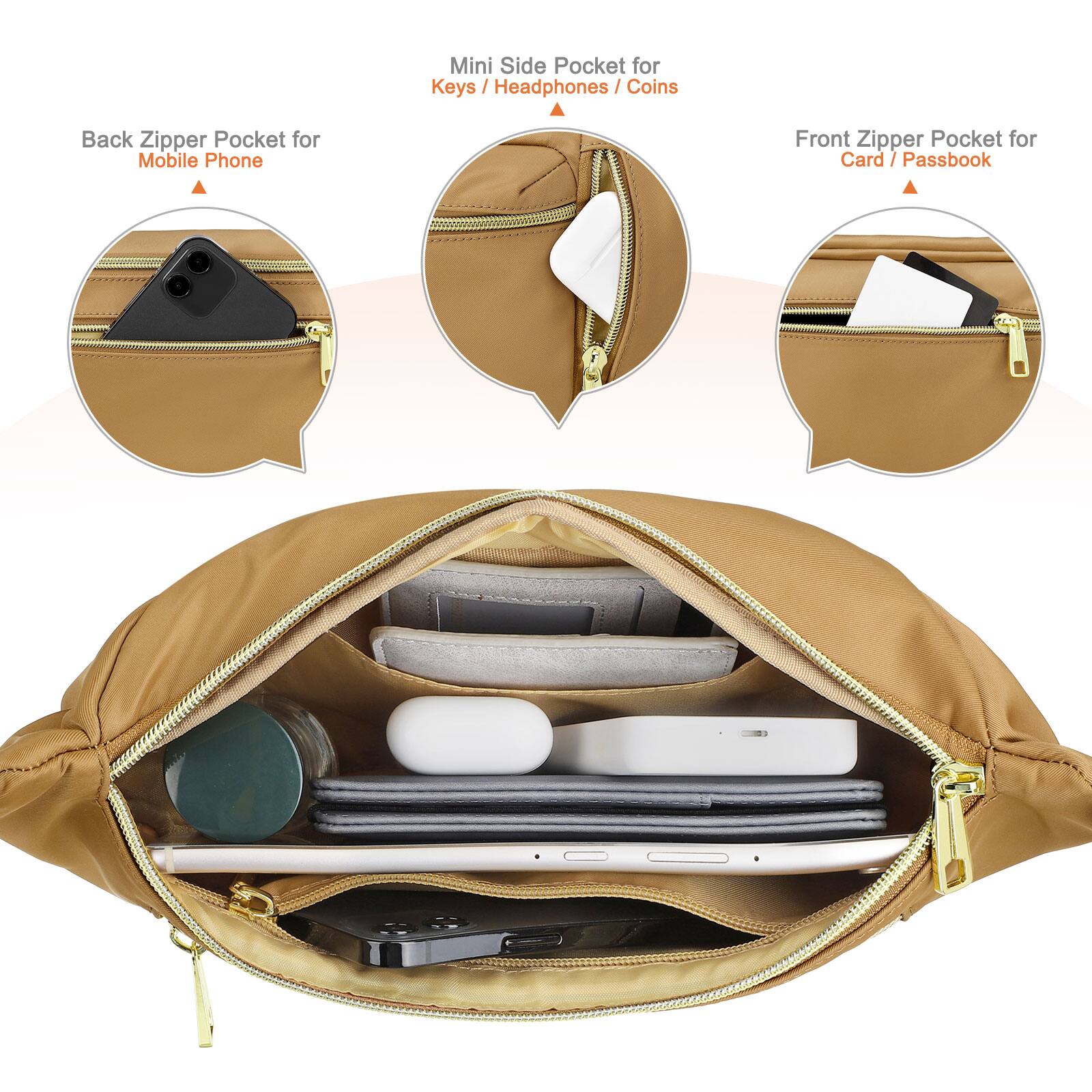 - Mini Side Pocket for Keys / Headphones / Coins
- Back Zipper Pocket for Mobile Phone
- Front Zipper Pocket for Card / Passbook