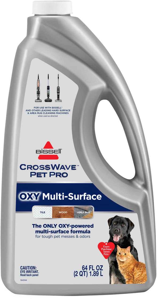 The image features a bottle of Bissell Crosswave Pet Pro Oxy Multi-Surface Tile and Wood Area Rug Cleaner. This cleaner is designed for use with Bissell and other leading hard surface and area rug cleaning machines when used as directed. The cleaner is formulated to tackle tough pet messes and odors, making it an ideal choice for cleaning tile, wood, and area rugs. The bottle is 1.89 liters (64 fluid ounces) and is made in the USA.