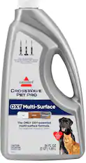 The image features a bottle of Bissell Crosswave Pet Pro Oxy Multi-Surface Tile and Wood Area Rug Cleaner. This cleaner is designed for use with Bissell and other leading hard surface and area rug cleaning machines when used as directed. The cleaner is formulated to tackle tough pet messes and odors, making it an ideal choice for cleaning tile, wood, and area rugs. The bottle is 1.89 liters (64 fluid ounces) and is made in the USA.