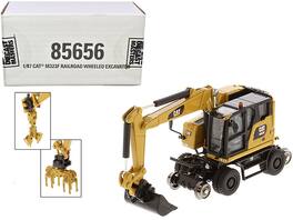 Diecast Masters - CAT M323F Railroad Wheeled Excavator with 3 Accessories High Line Series 1/87 HO Scale Diecast Model - Yellow
