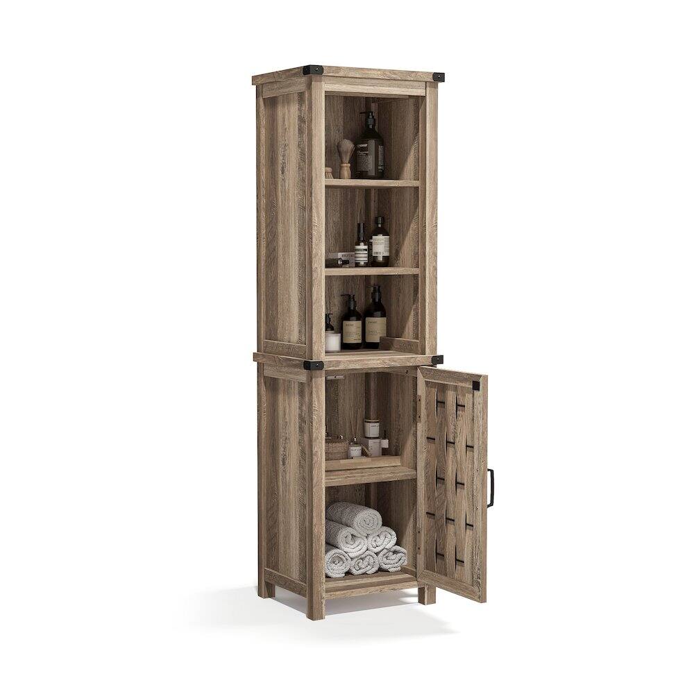 Alt View 2. Caffoz - Farmhouse Tall Storage Cabinet, Narrow Corner Linen Tower with Door - Light Brown.