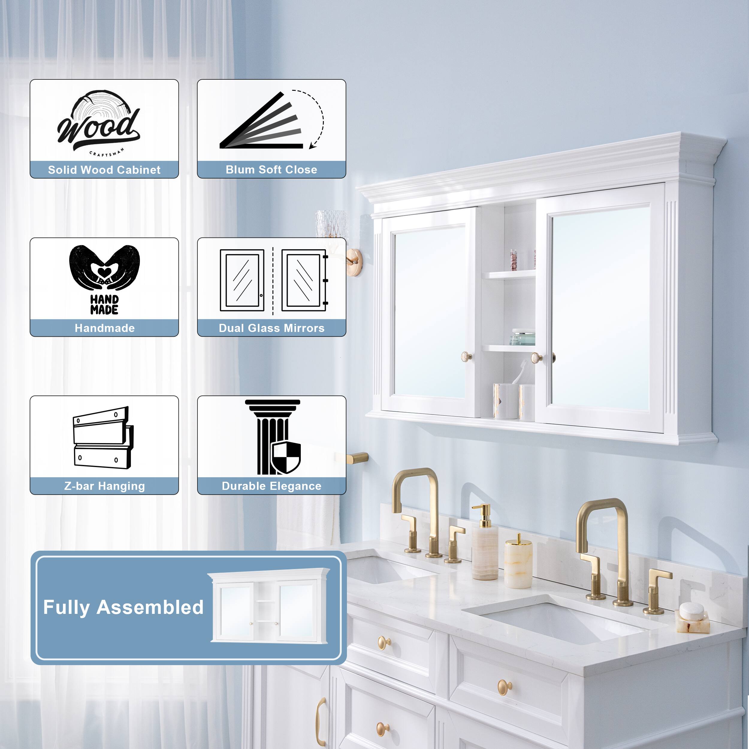 Wood COAPTLNSS Solid Wood Cabinet Blum Soft Close  
HAND MADE Handmade Dual Glass Mirrors  
1 6 O D Z-bar Hanging  
Durable Elegance  
Fully Assembled