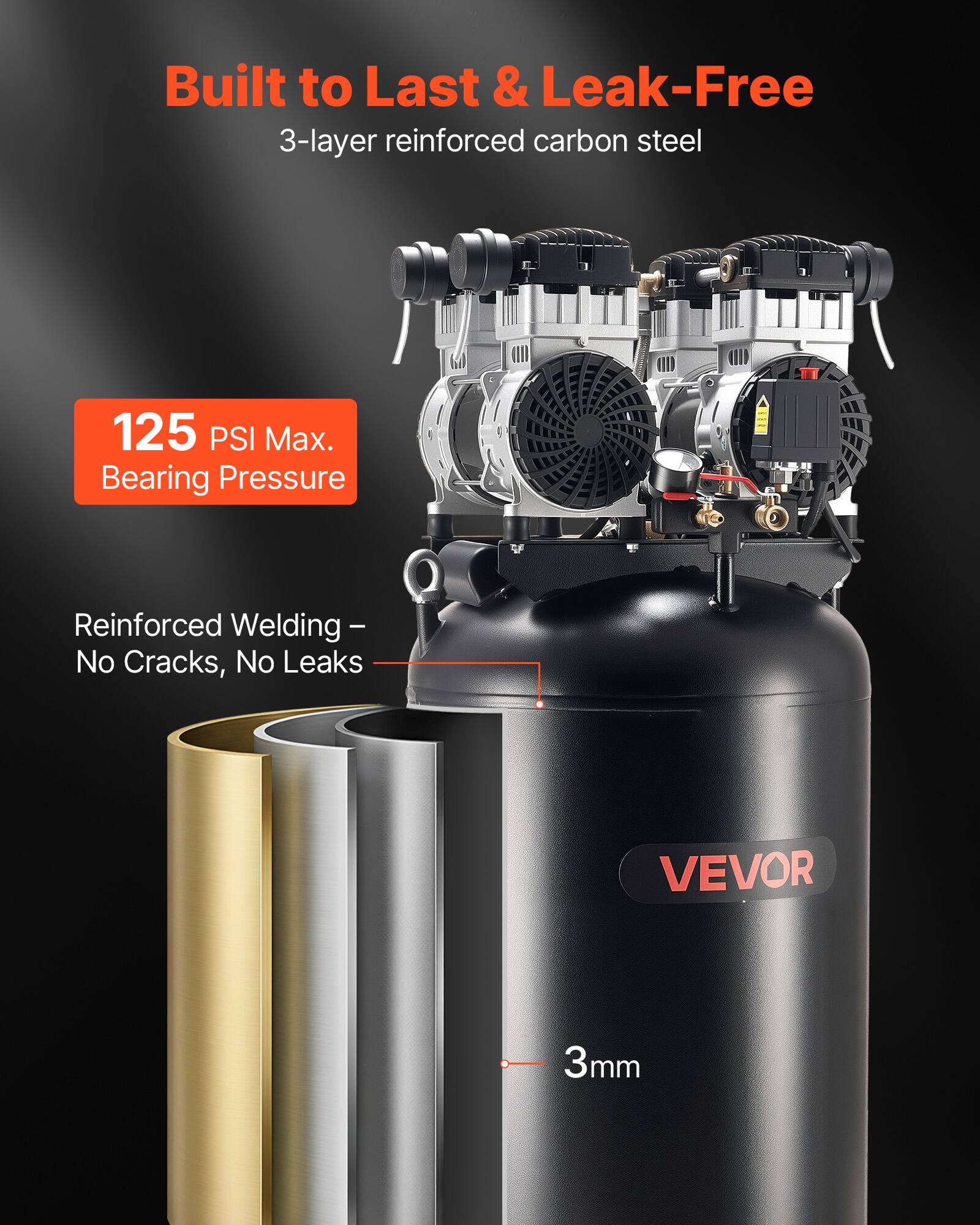 Built to Last & Leak-Free  
3-layer reinforced carbon steel  
125 PSI Max. Bearing Pressure  
Reinforced Welding - No Cracks, No Leaks  
VEVOR  
3mm