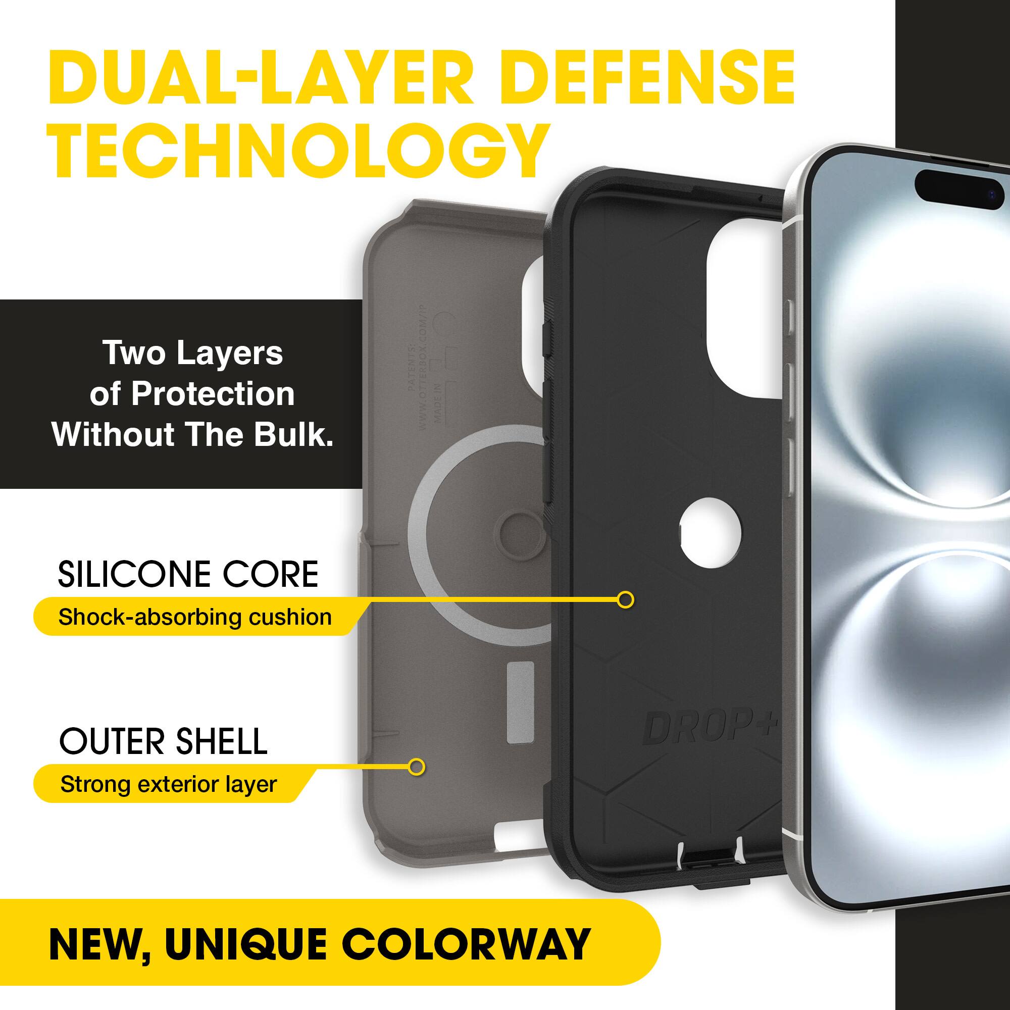 DUAL-LAYER DEFENSE TECHNOLOGY  
Two Layers of Protection Without The Bulk.  

SILICONE CORE  
Shock-absorbing cushion  

OUTER SHELL  
Strong exterior layer  

NEW, UNIQUE COLORWAY