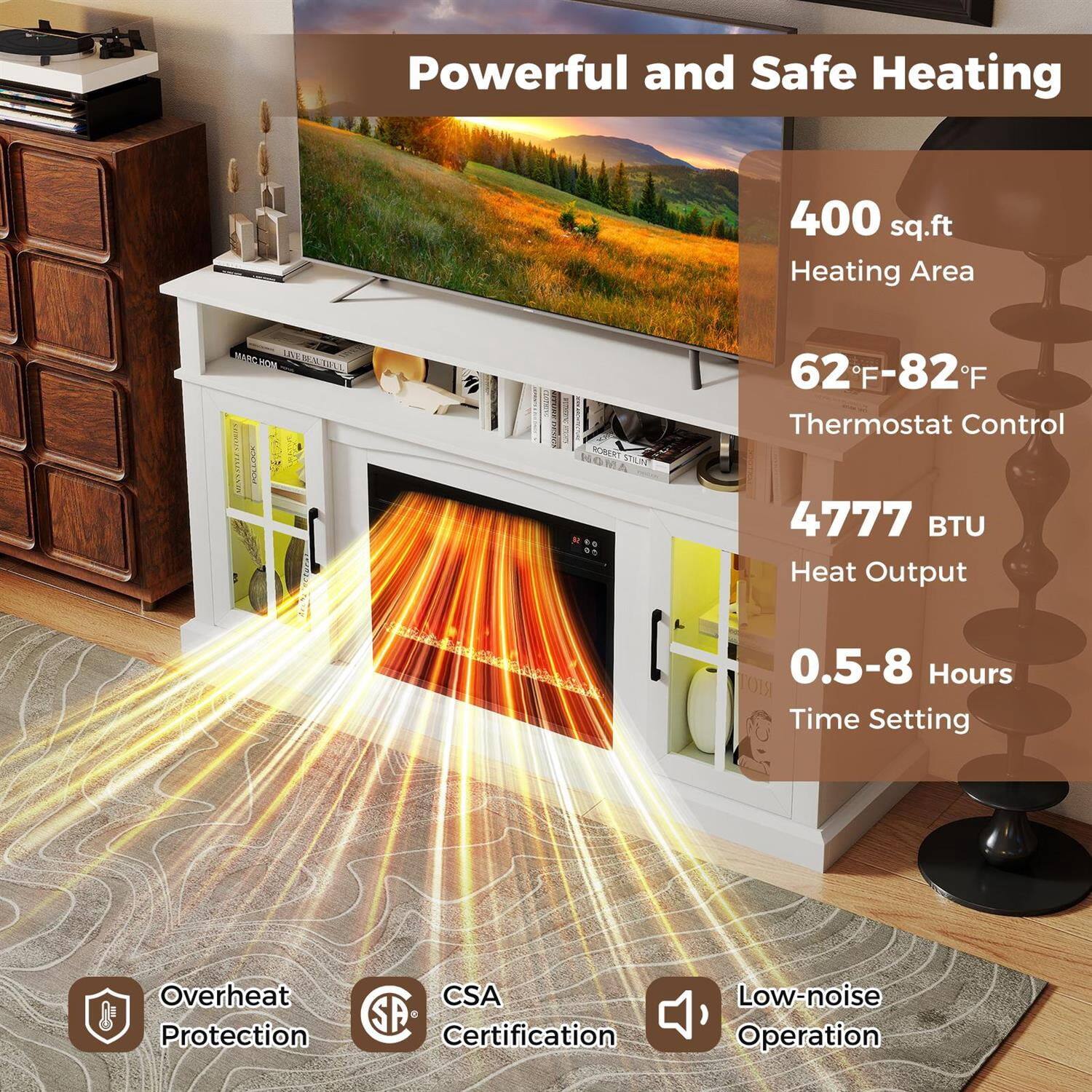 Powerful and Safe Heating  
400 sq.ft Heating Area  
62°F-82°F Thermostat Control  
4777 BTU Heat Output  
0.5-8 Hours Time Setting  
Overheat Protection  
CSA Certification  
Low-noise Operation