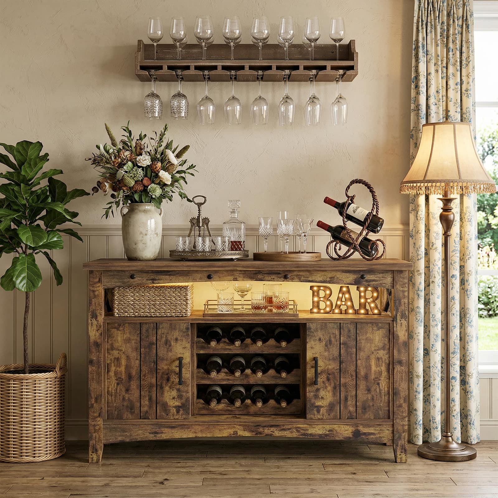 Aheaplus - Farmhouse Coffee Bar Cabinet with Charging Station, LED Lights & Movable Wine Rack - Brown price history on PriceWatchPro