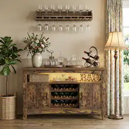 Aheaplus - Farmhouse Coffee Bar Cabinet with Charging Station, LED Lights & Movable Wine Rack - Brown
