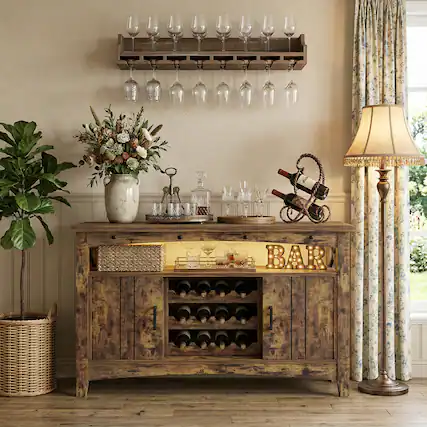 Front. Aheaplus - Farmhouse Coffee Bar Cabinet with Charging Station, LED Lights & Movable Wine Rack - Brown.