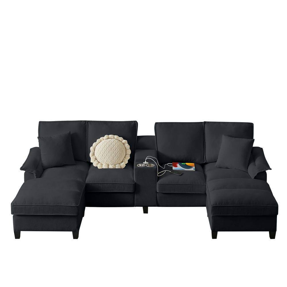 Alt View 5. Kadyn - 120" U-Shaped Sectional Sofa Bed, 4-Seater Corduroy with Storage and Cup Holders, Black - Black.