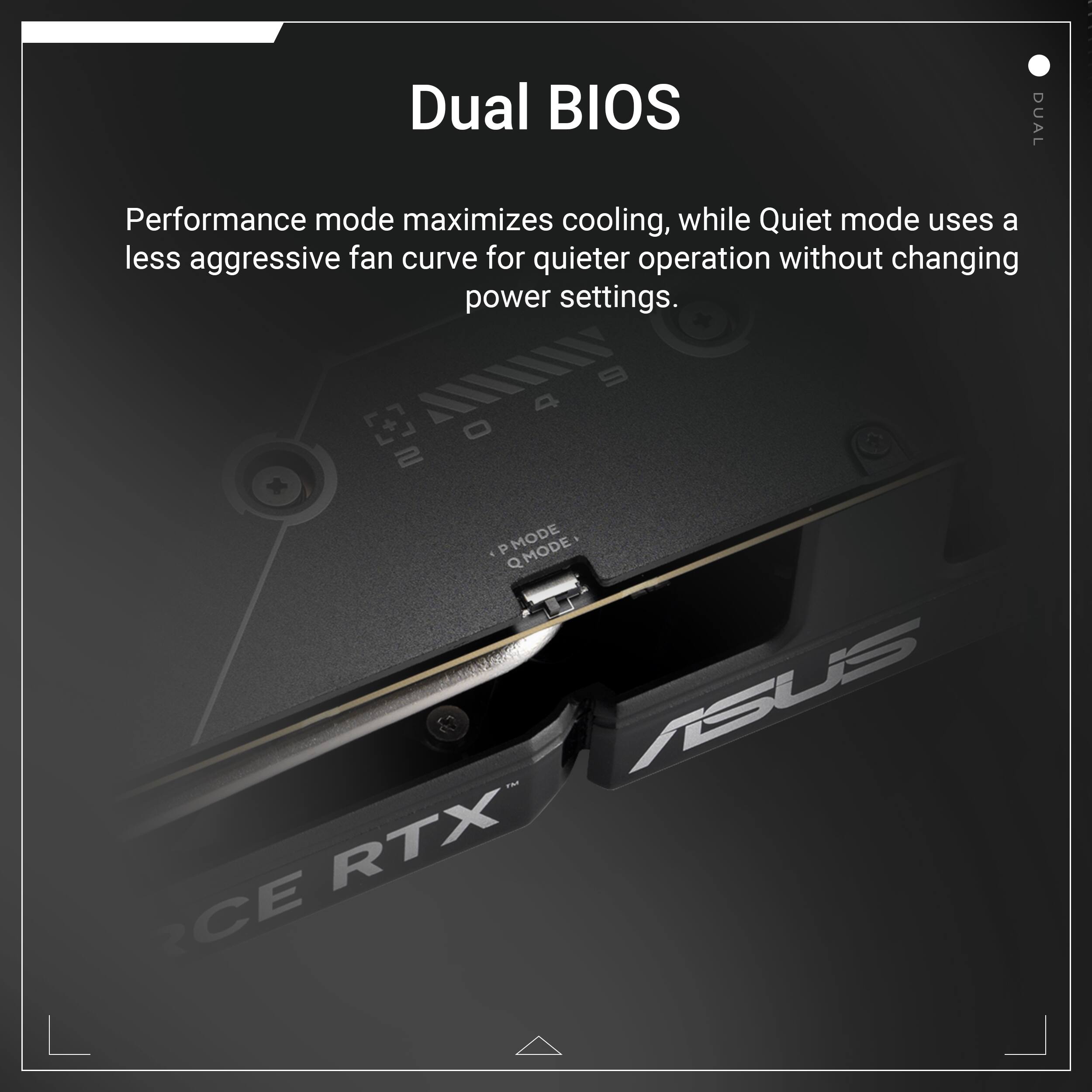 Dual BIOS: Dual Performance mode maximizes cooling, while Quiet mode uses a less aggressive fan curve for quieter operation without changing power settings.
