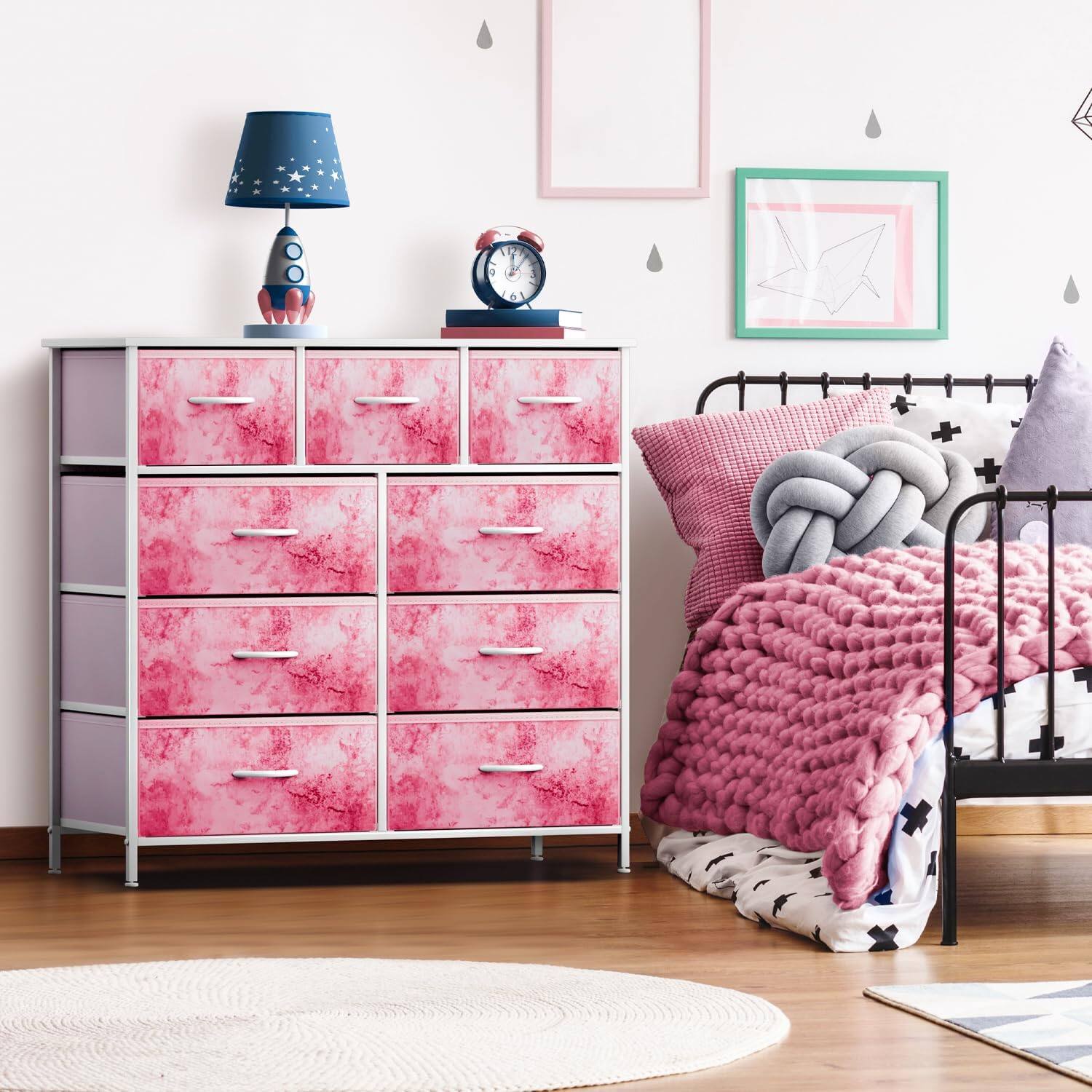 Angle. Sorbus - Sorbus 9 Drawers Dresser - Furniture Storage for Bedroom, Closet, and More - Steel Frame, Wood Top, Fabric Bins - Tie dye pink.