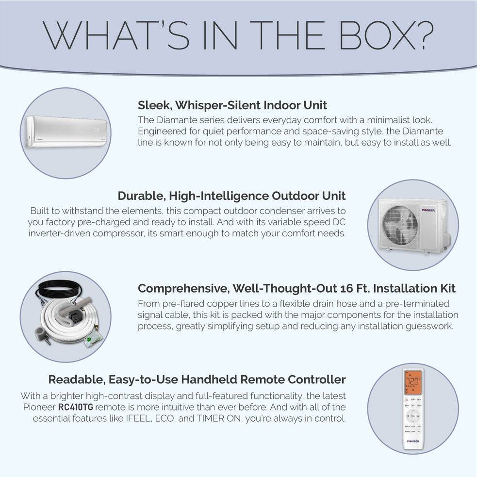 WHAT'S IN THE BOX?

Sleek, Whisper-Silent Indoor Unit
The Diamante series delivers everyday comfort with a minimalist look. Engineered for quiet performance and space-saving style, the Diamante line is known for not only being easy to maintain, but easy to install as well.

Durable, High-Intelligence Outdoor Unit
Built to withstand the elements, this compact outdoor condenser arrives to you factory pre-charged and ready to install. And with its variable speed DC inverter-driven compressor, it's smart enough to match your comfort needs.

Comprehensive, Well-Thought-Out 16 Ft. Installation Kit
From pre-flared copper lines to a flexible drain hose and a pre-terminated signal cable, this kit is packed with the major components for the installation process, greatly simplifying setup and reducing any installation guesswork.

Readable, Easy-to-Use Handheld Remote Controller
With a brighter high-contrast display and full-featured functionality, the latest Pioneer RC410TG remote is more intuitive than ever before. And with all of the essential features like IFEEL, ECO, and TIMER ON, you're always in control.