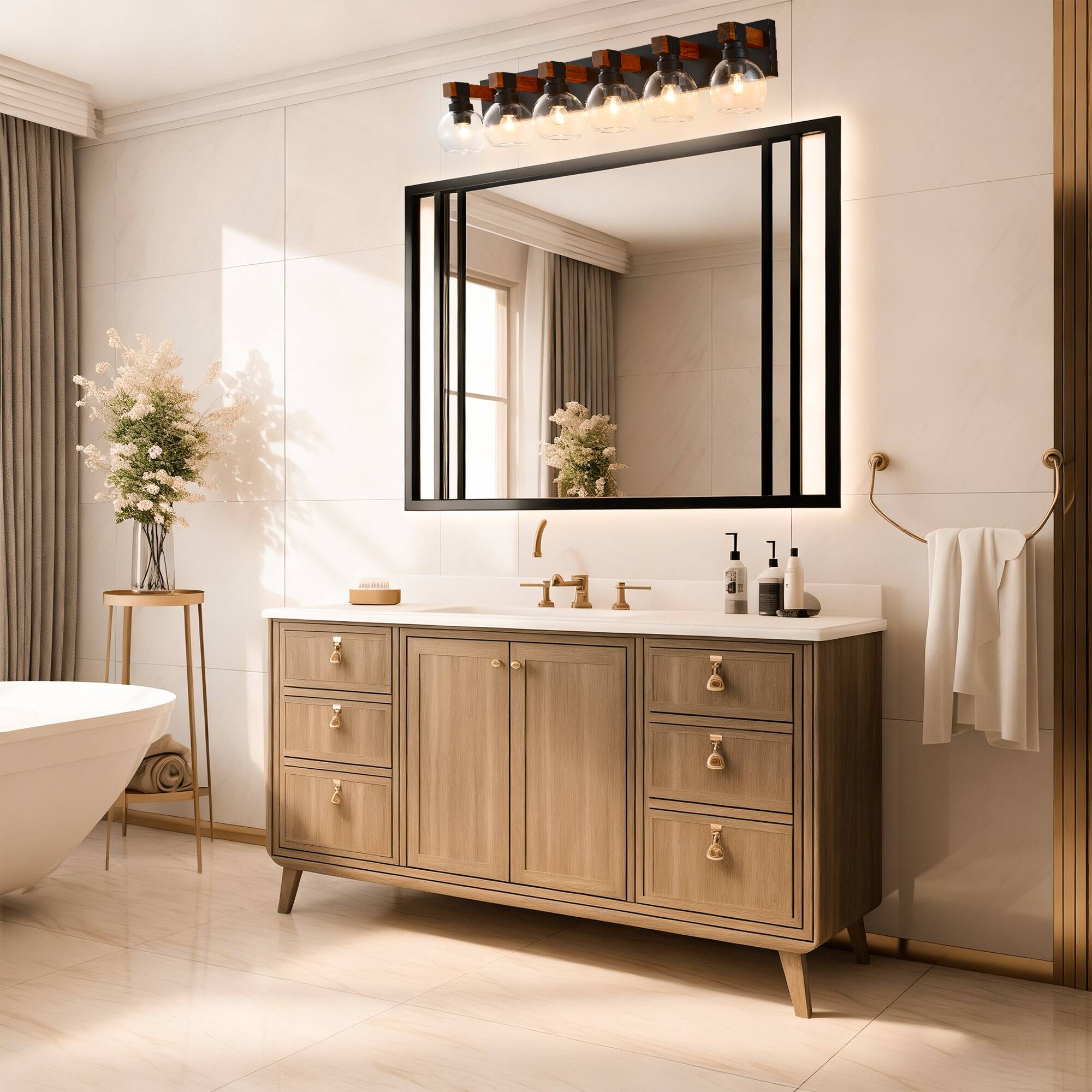 Alt View 4. RYHNUYNE - 6 Light Bathroom Vanity Light Fixtures, Black and Gold Wood Bathroom Light Fixtures Over Mirror, Farmhouse Wall Sconces - Black and Gold.