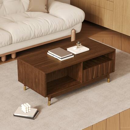 Front. MSOOB - 47" Mid Century Modern Wooden Coffee Table Suitable with 2 Drawers and Open Storage for Living Room Apartment - brown.