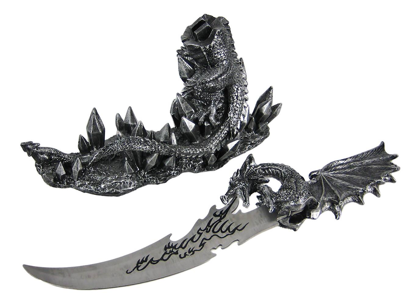 Alt View 3. Zeckos - Wicked Fire Dragon Fantasy Knife and Holder Dagger - Black.