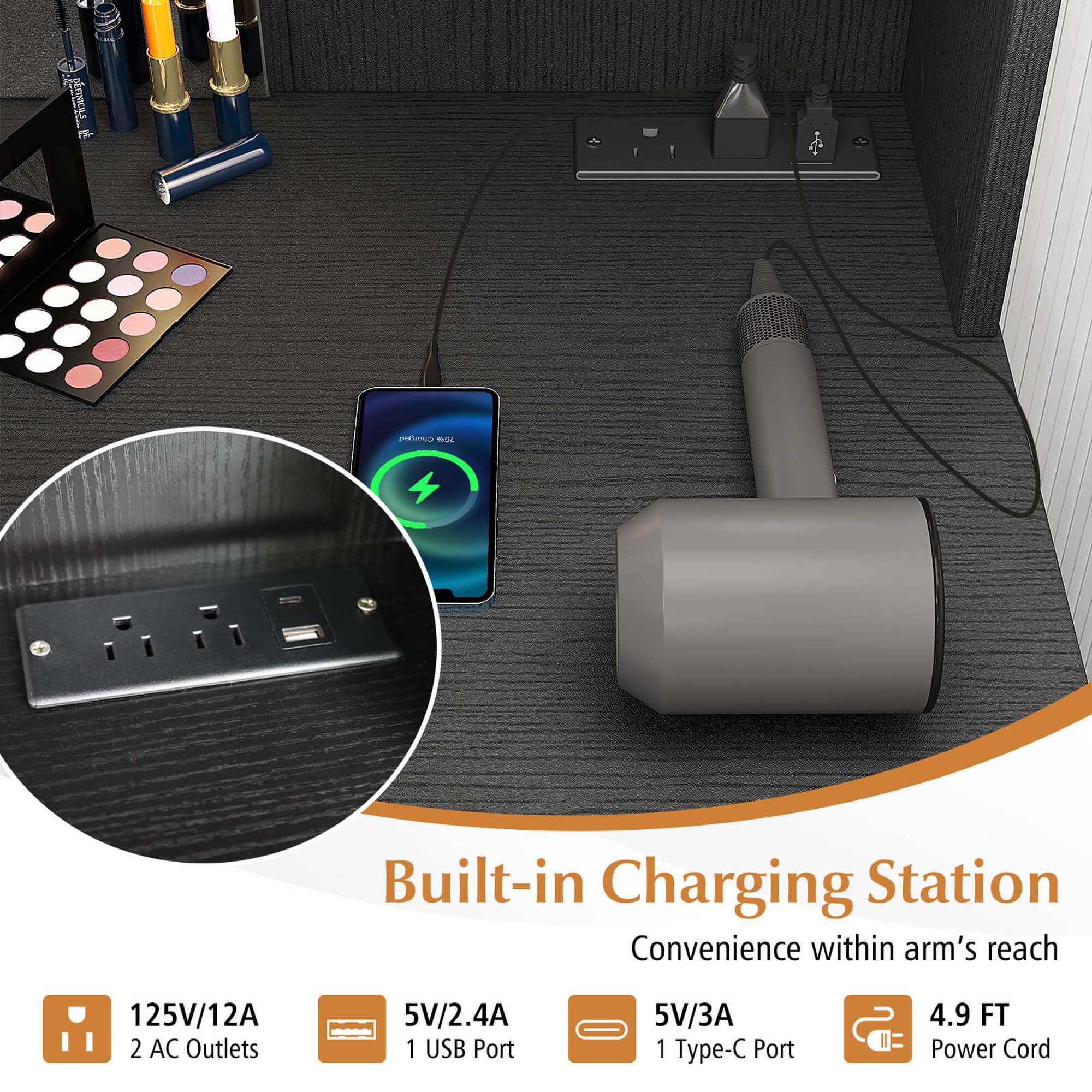 Built-in Charging Station  
Convenience within arm's reach  

125V/12A  
2 AC Outlets  

5V/2.4A  
1 USB Port  

5V/3A  
1 Type-C Port  

4.9 FT Power Cord