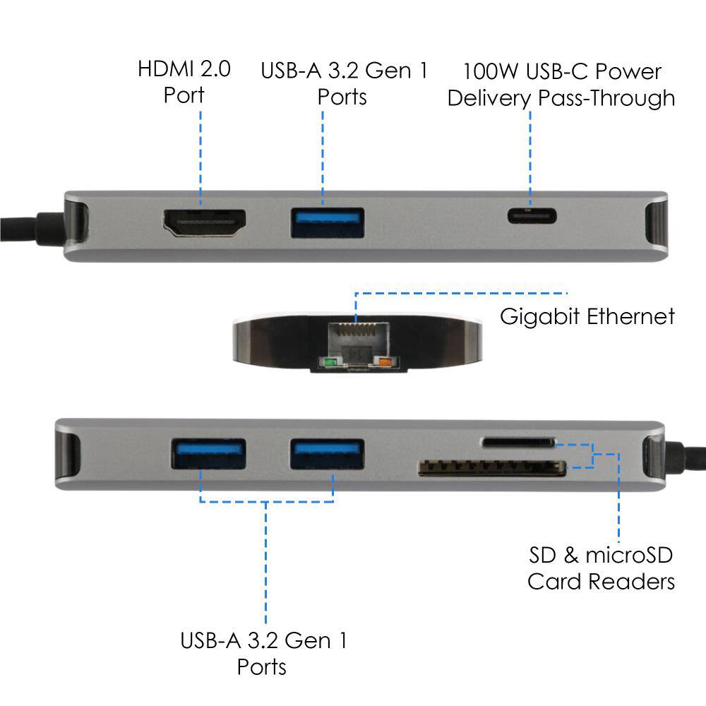 HDMI 2.0 Port  
USB-A 3.2 Gen 1 Ports  
100W USB-C Power Delivery Pass-Through  
Gigabit Ethernet  
SD & microSD Card Readers  
USB-A 3.2 Gen 1 Ports
