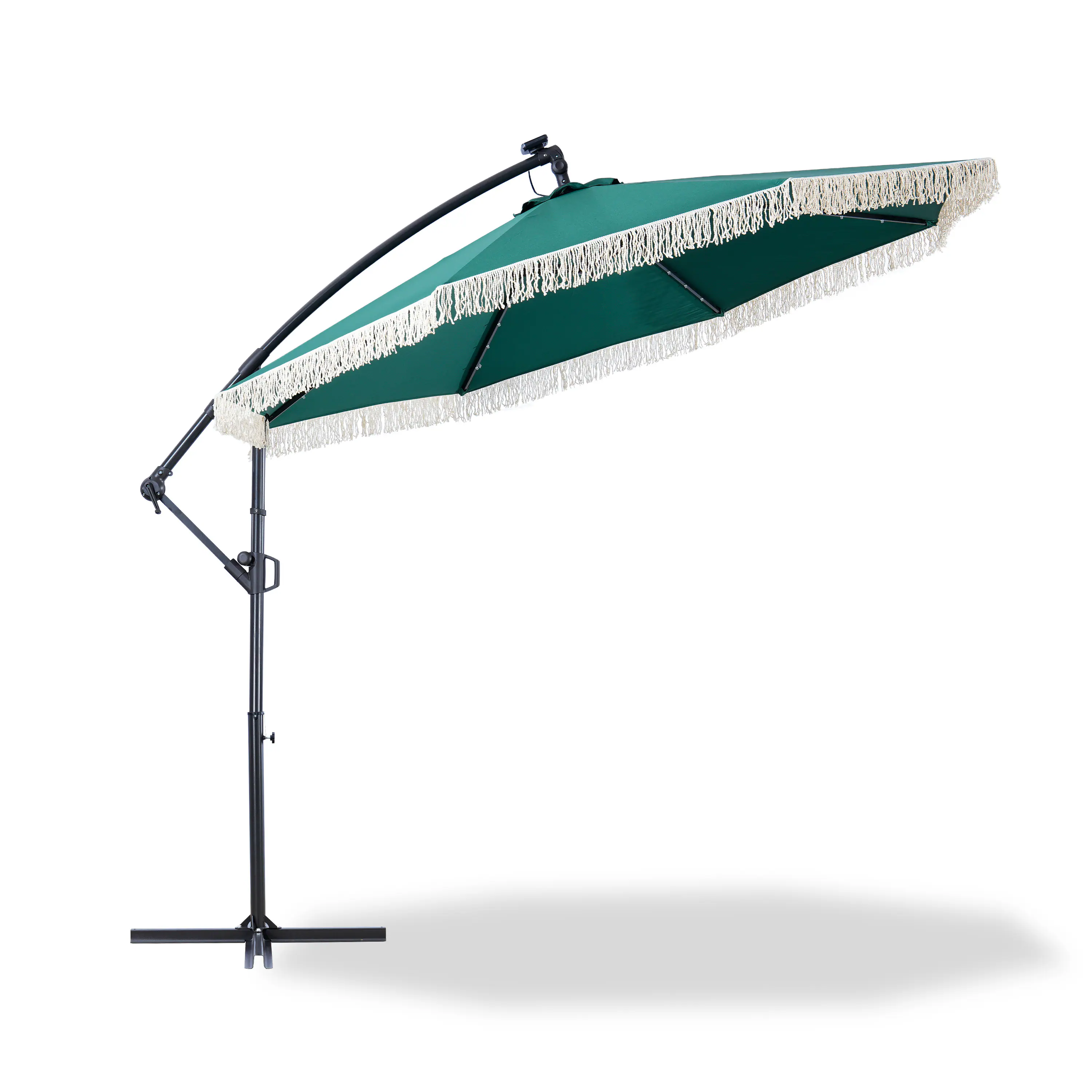 Angle. Mondawe - 10ft Patio Offset Hanging Lighted Umbrella with Tassels - Green.