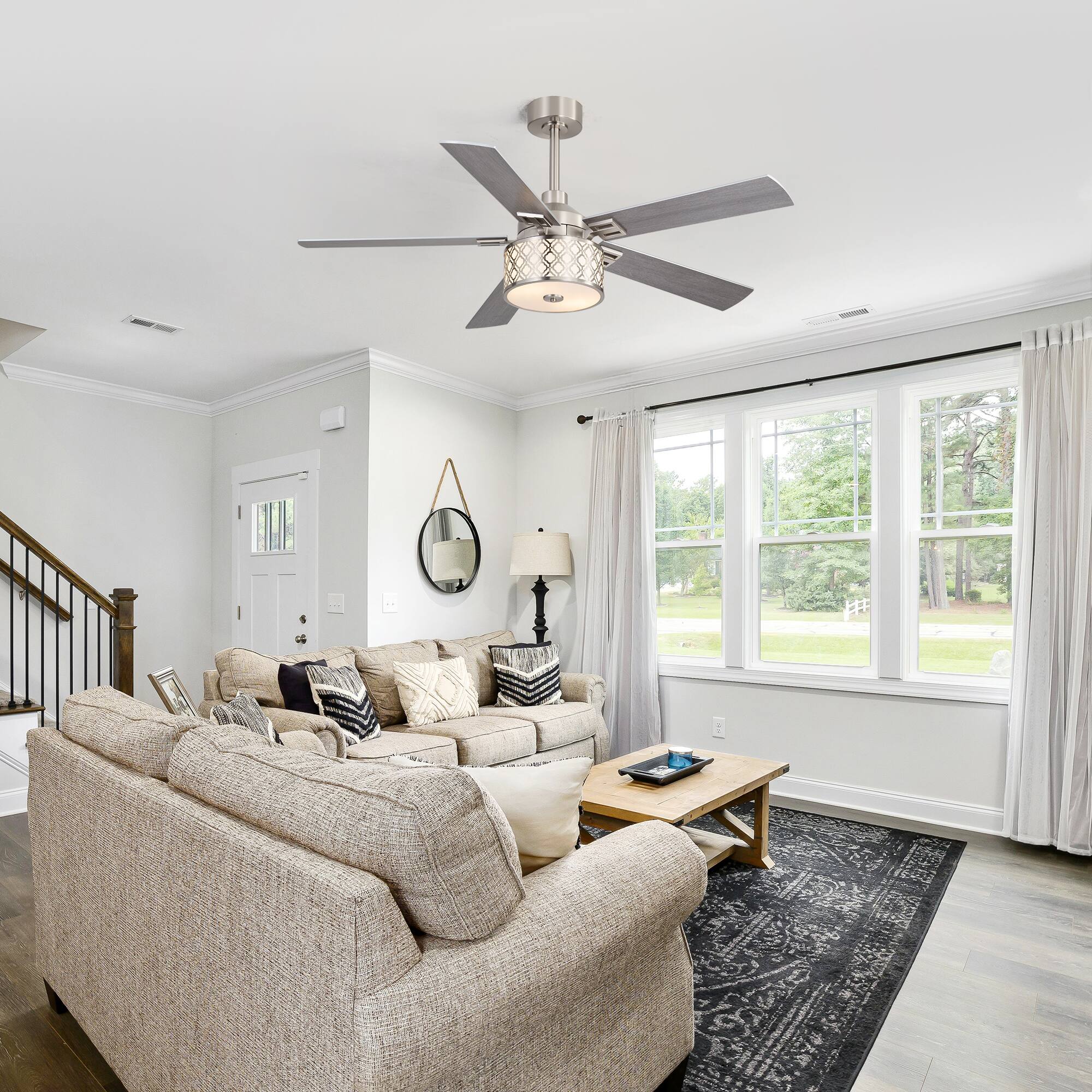 Alt View 1. Breezary - 52-Inch Ceiling Fan with Light Fixture, 5 Reversible Plywood Blades, DC Remote Control, 5/10-Inch Downrods, Indoor Use - Satin Nickel with Silver and Woodgrain.