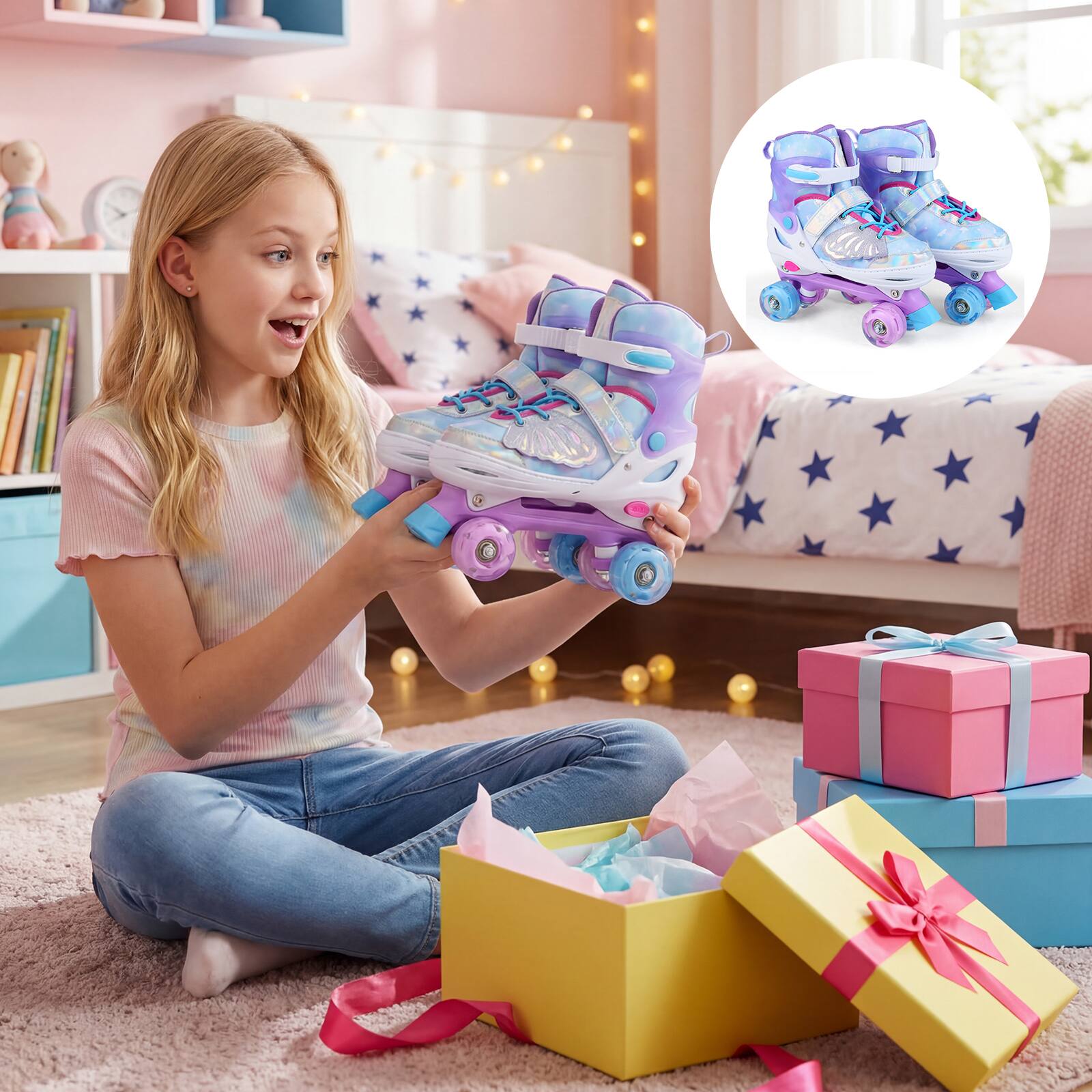 Alt View 4. Costway - Costway Kids Roller Skates 4 Sizes Adjustable Quad Skates with Light Wheels for Ages 9-14 - Blue.