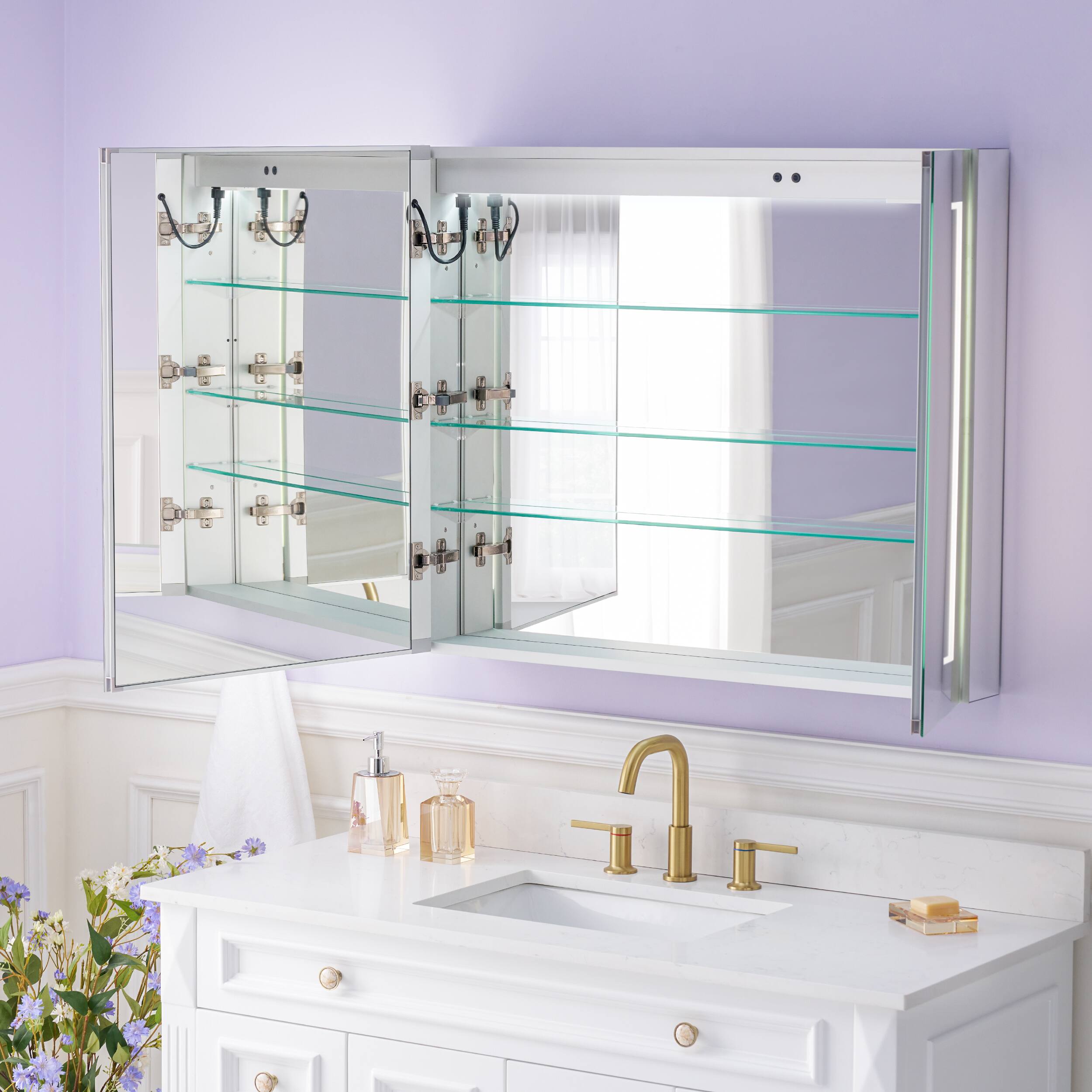 Left. WELLFOR - 36 in. W x 30 in. H Rectangular Aluminum Recessed or Surface Mount Medicine Cabinet with Mirror and Lighted - Silver.