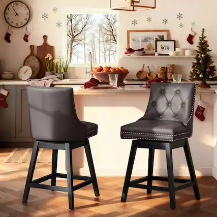 Front. KERDOM - Swivel Bar Stools with Backs, 26" Counter Barstools Set of 2, PU Leather Upholstered Kitchen Island Chairs for Home Bar - Brown.
