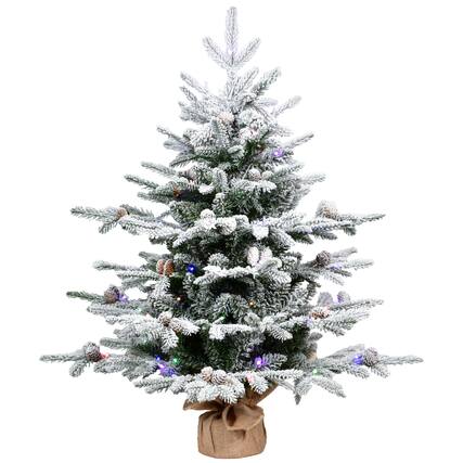 Front. Forest'nSky - 3 ft. Pre-Lit Flocked Artificial Christmas Tree with 100 Dual-Color LED Lights, 26 Pine Cones, Burlap Base - Green, White.