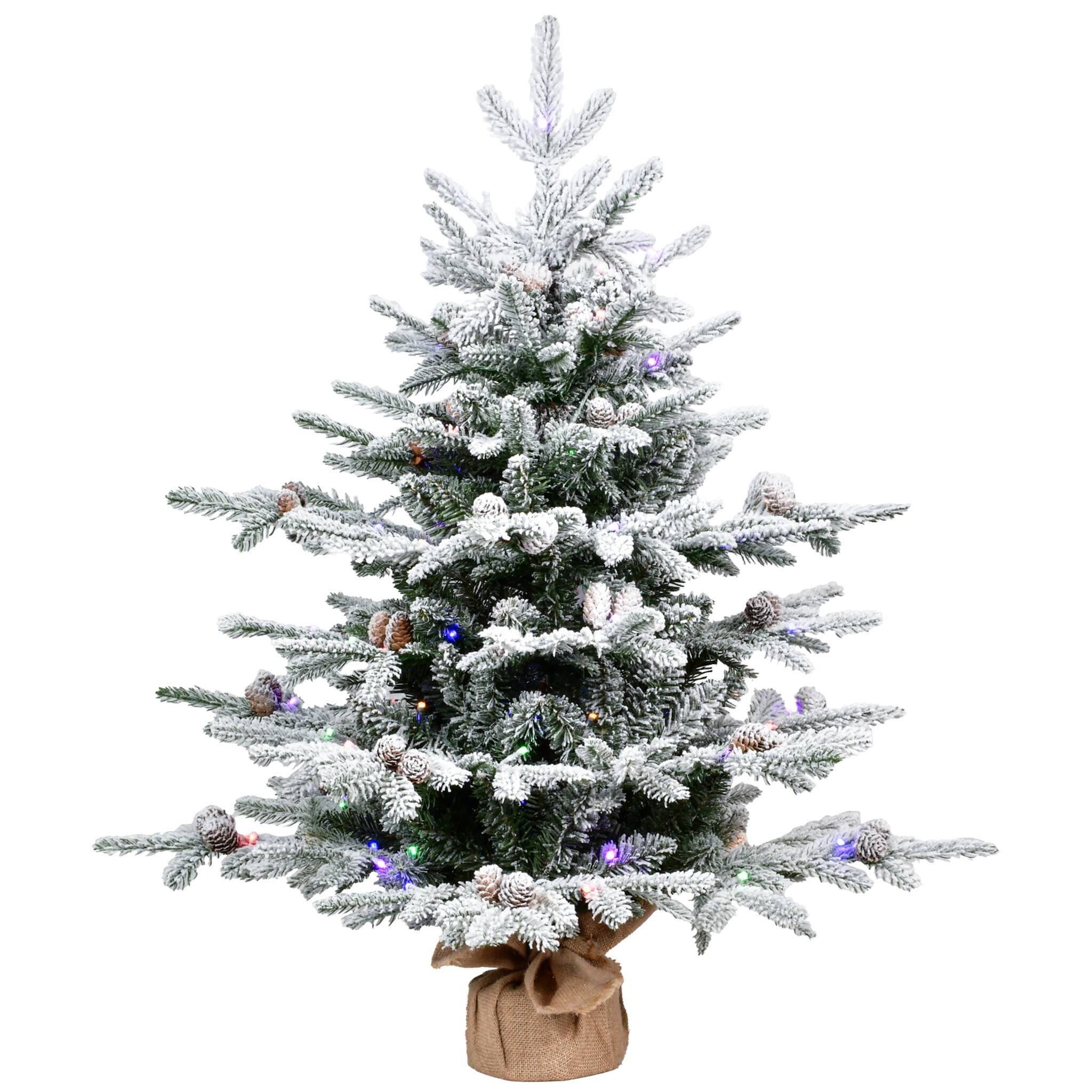 Front. Forest'nSky - 3 ft. Pre-Lit Flocked Artificial Christmas Tree with 100 Dual-Color LED Lights, 26 Pine Cones, Burlap Base - Green, White.