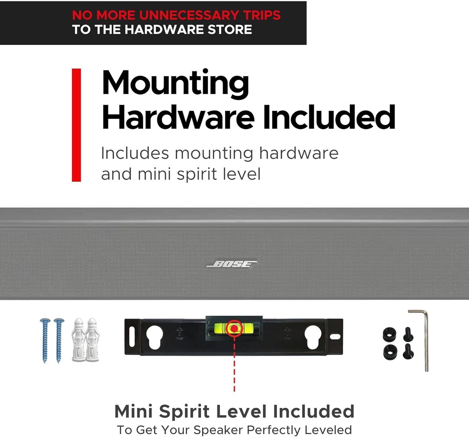 NO MORE UNNECESSARY TRIPS TO THE HARDWARE STORE

Mounting Hardware Included  
Includes mounting hardware and mini spirit level

Mini Spirit Level Included  
To Get Your Speaker Perfectly Leveled