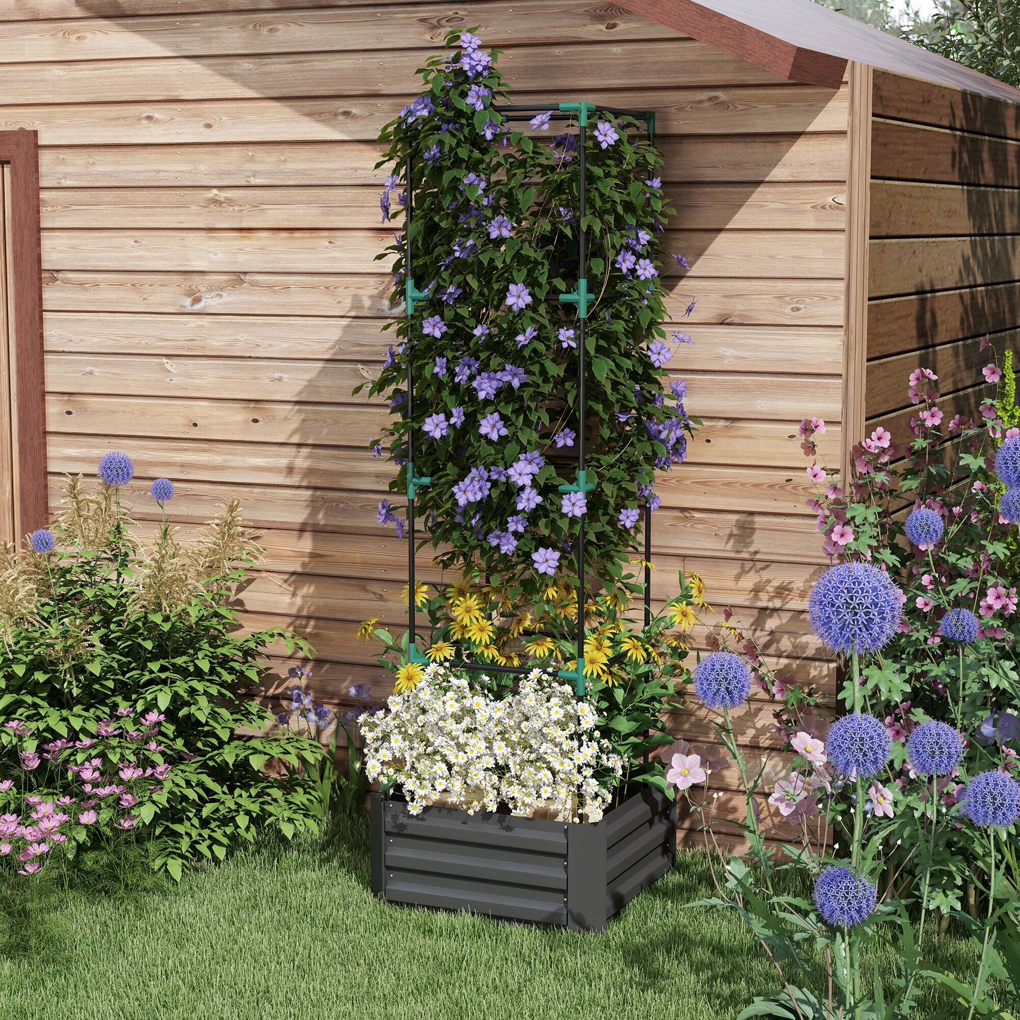 Alt View 1. Outsunny - Galvanized Raised Garden Bed, 73.5" Tall Outdoor Planter Box with Trellis Tomato Cage and Open Bottom for Climbing Vines - Dark Gray.