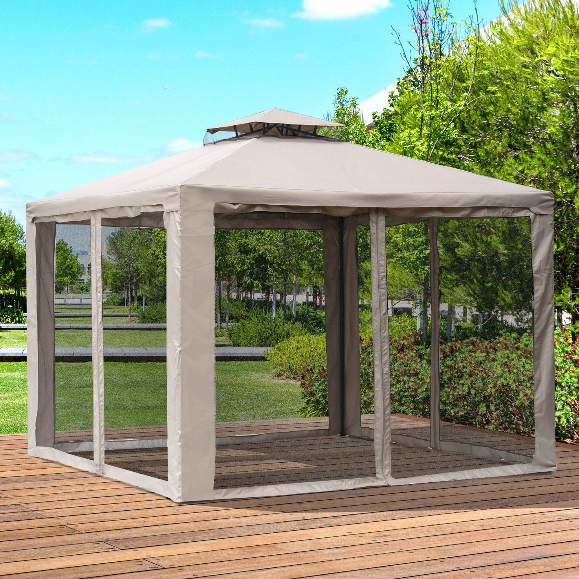 Alt View 1. Outsunny - x 9.6' Patio Gazebo Outdoor Canopy Shelter with 2-Tier Roof and Netting - Taupe.