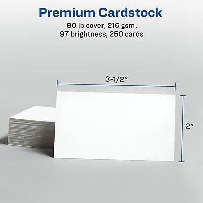 Premium Cardstock  
80 lb cover, 216 gsm, 97 brightness, 250 cards  
3-1/2" x 2"