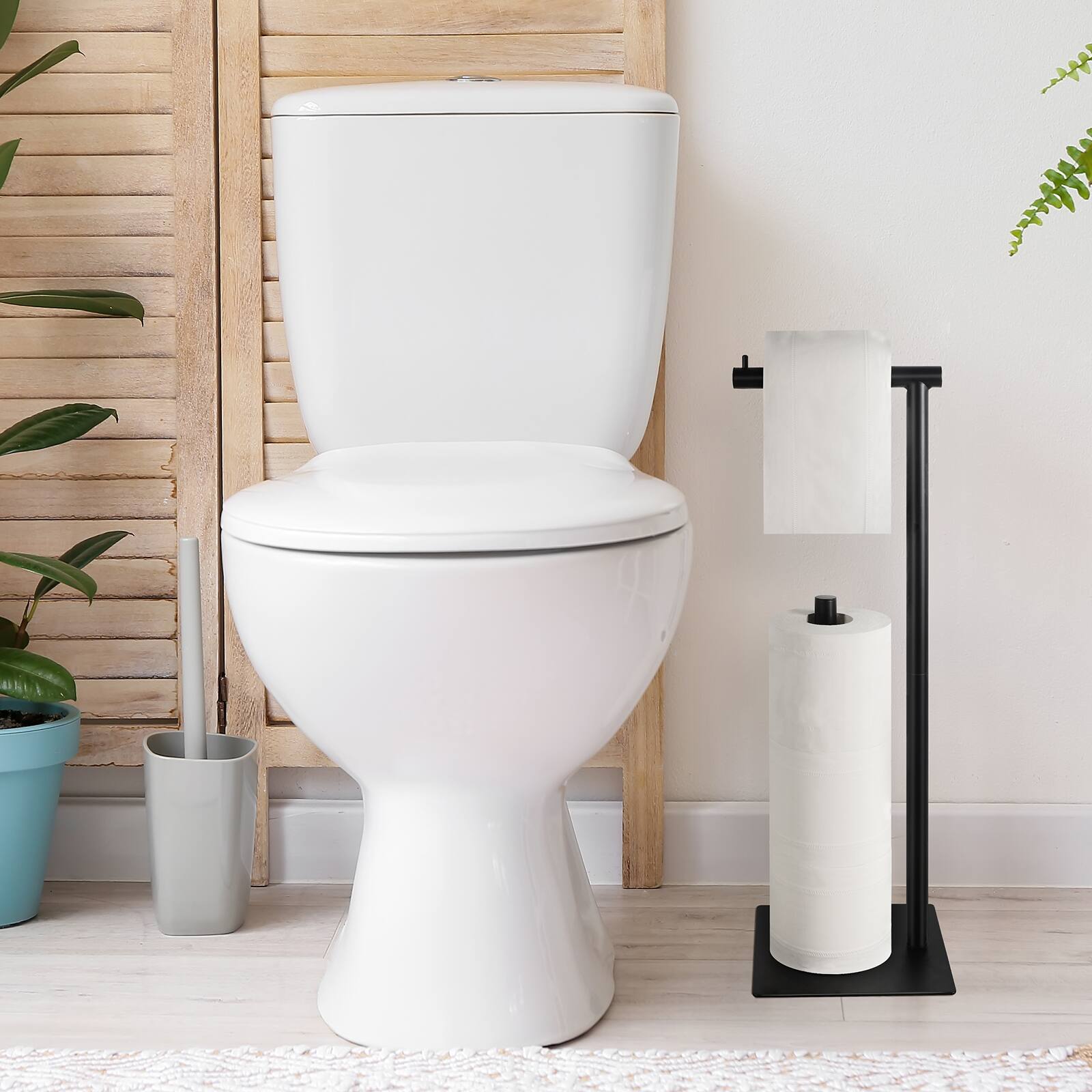 Back. Oumilen - Matte Black Freestanding Paper Towel Holder, 2-in-1 Metal Standing Toilet Roll Storage Rack.