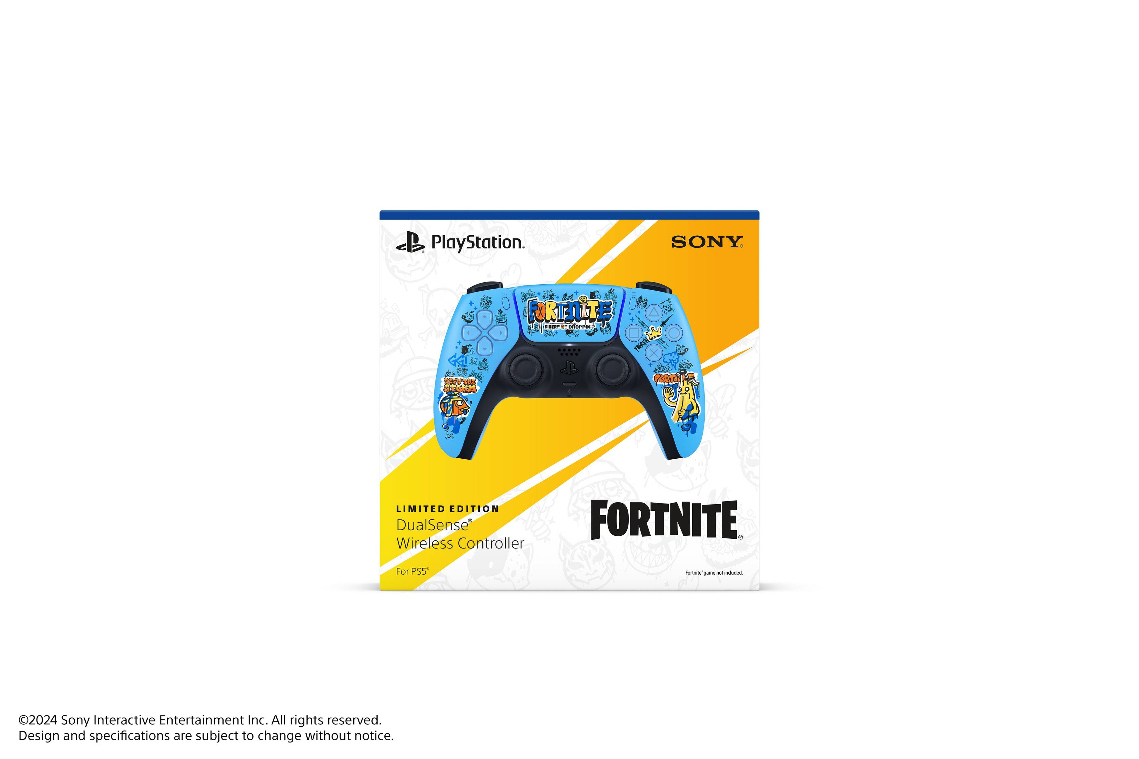 PlayStation. SONY. Fortnite - DualSense Wireless Controller Limited Edition. For PS5. Design and specifications are subject to change without notice. 2024 Sony Interactive Entertainment Inc. All rights reserved.