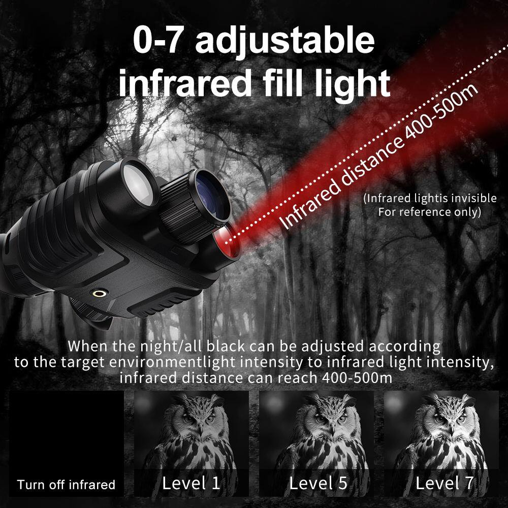 0-7 adjustable infrared fill light  
Infrared distance 400-500m  
(Infrared light is invisible. For reference only)  

When the night/all black can be adjusted according to the target environment light intensity to infrared light intensity, infrared distance can reach 400-500m  

Turn off infrared  
Level 1  
Level 5  
Level 7