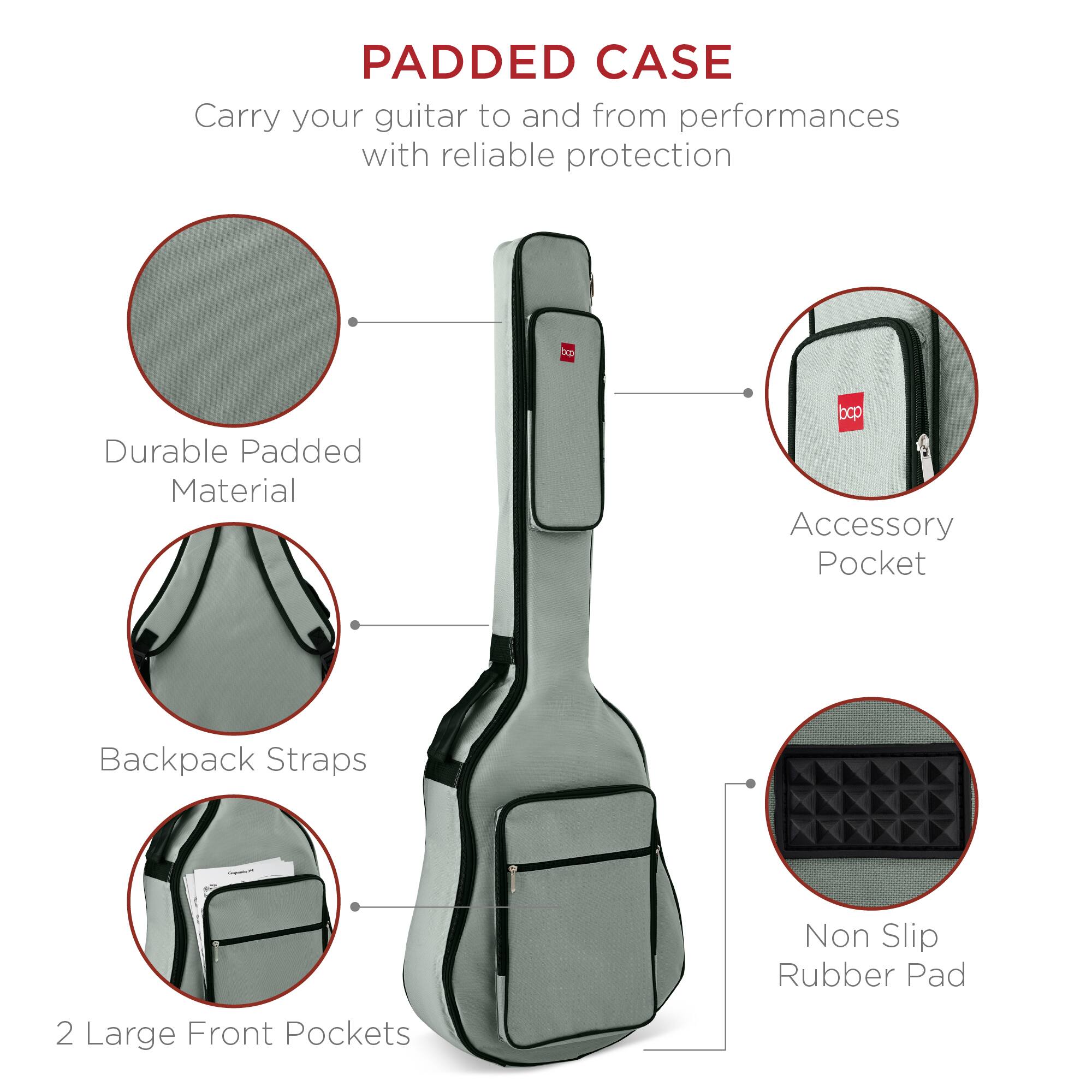 Padded Case  
Carry your guitar to and from performances with reliable protection  

- Durable Padded Material  
- Accessory Pocket  
- Backpack Straps  
- 2 Large Front Pockets  
- Non Slip Rubber Pad