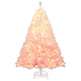 Costway - 5 FT Artificial Christmas Tree with 180 Warm White LED Lights, 8 Lighting Modes & Folding Metal Stand - Pink+White