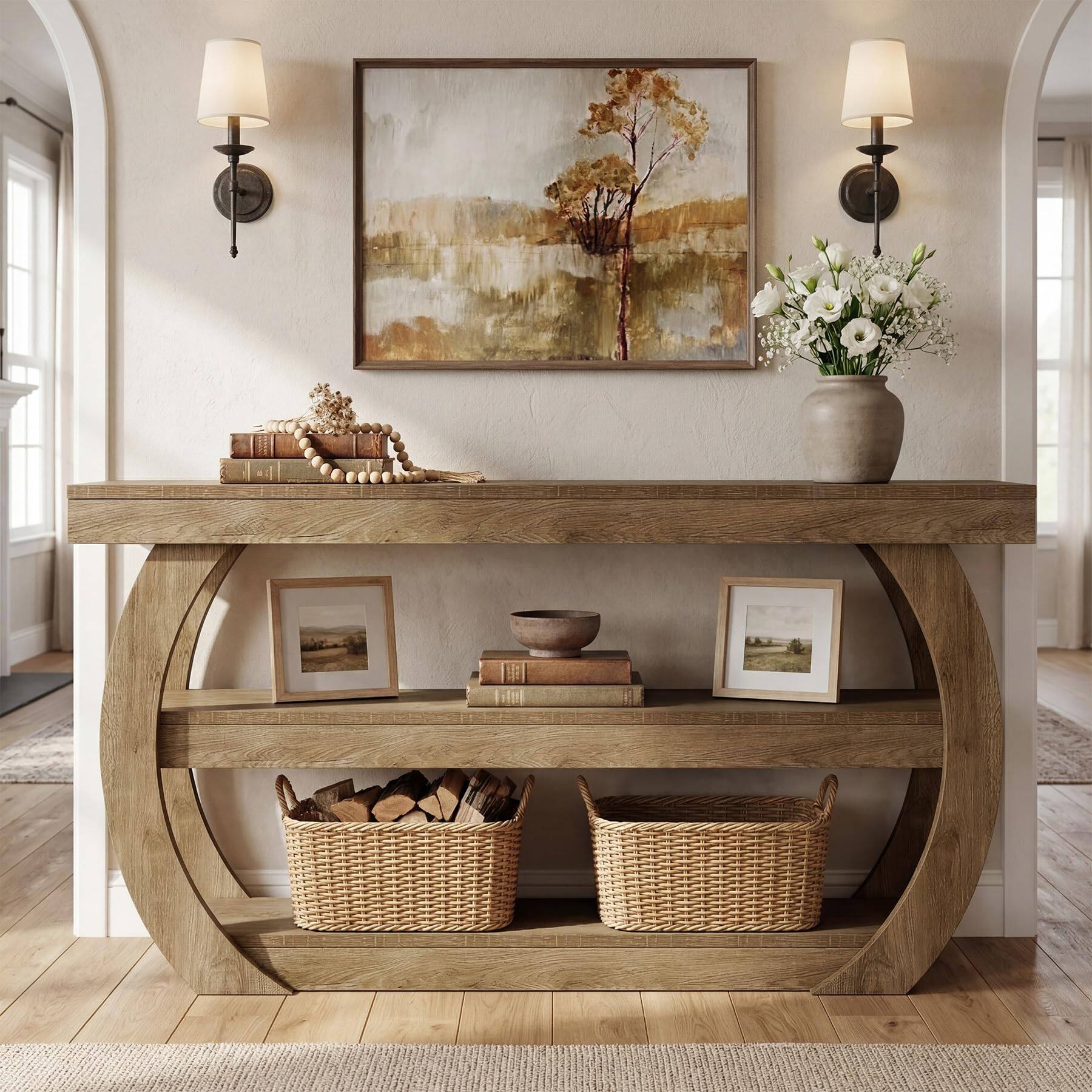 Left. Tribesigns - Farmhouse Console Table, 3-Tier Wooden Entryway Table with Storage Shelves, 63-Inch Long Rectangular Sofa Console Behind - Light Brown.