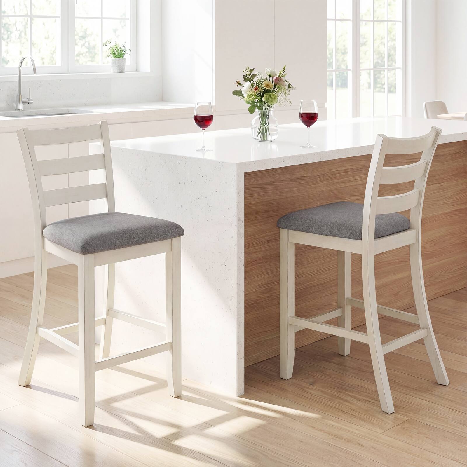 Alt View 3. Gymax - Gymax Bar Stools Set of 2 Upholstered Counter Height Barstools w/Padded Seat Footrest - Beige.