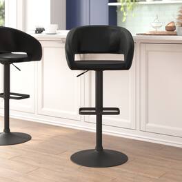 Emma + Oliver - Shae Contemporary Upholstered Adjustable Height Barstool with Rounded, Cutout Mid-Back and Pedestal Base - Black Vinyl/Black Frame